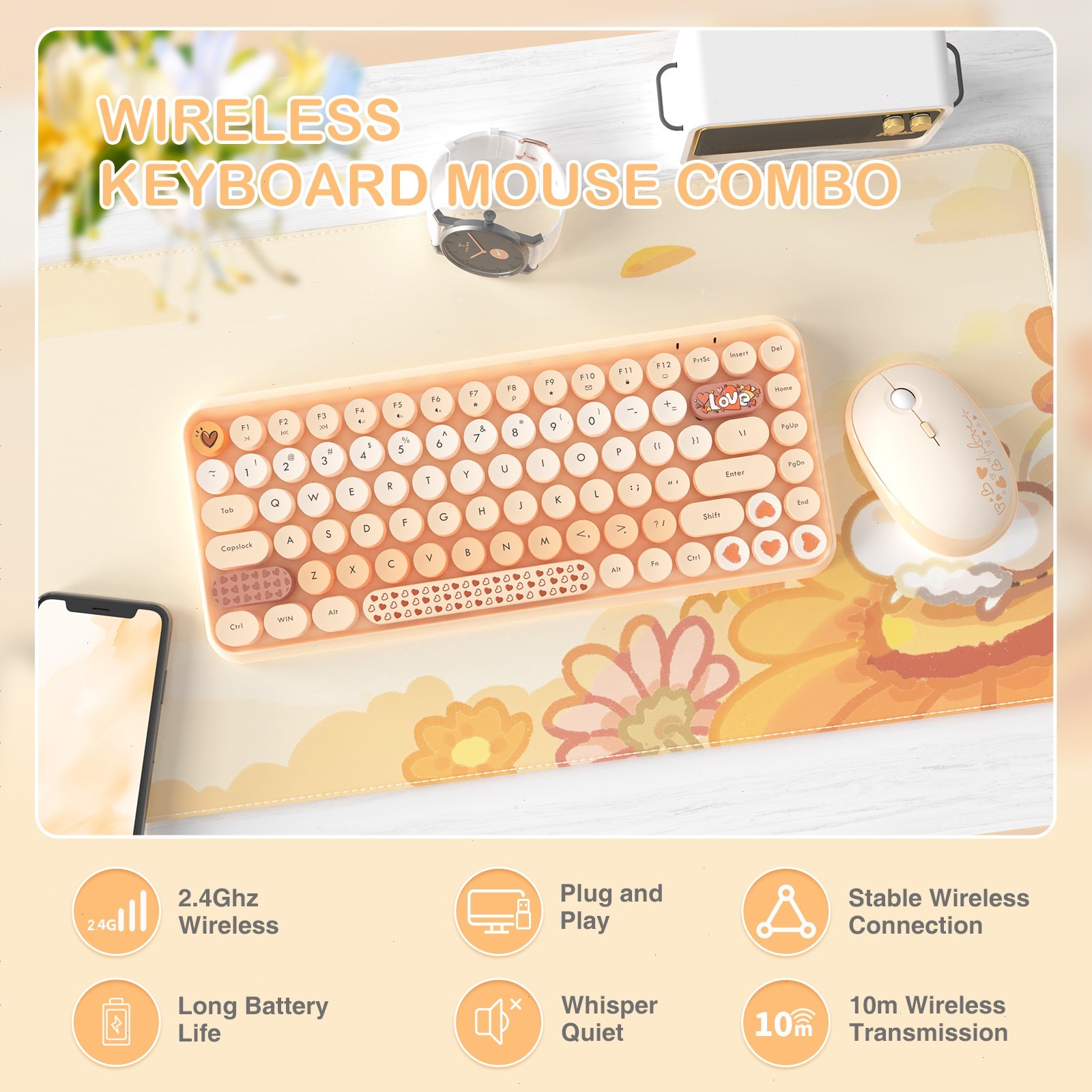 AJAZZ 308i 2.4G Wireless Keyboard Mouse Combo Cute Typewriter 84 Keys 75% Layout