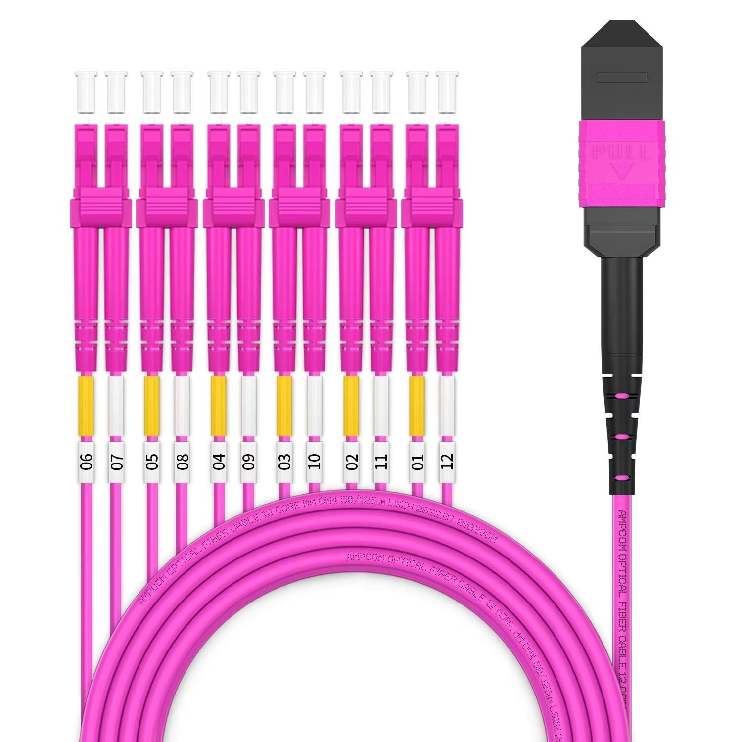 MPO To LC Breakout Cable 50/125m Multimode OM4 12 Fiber Type B Magenta 6 FT