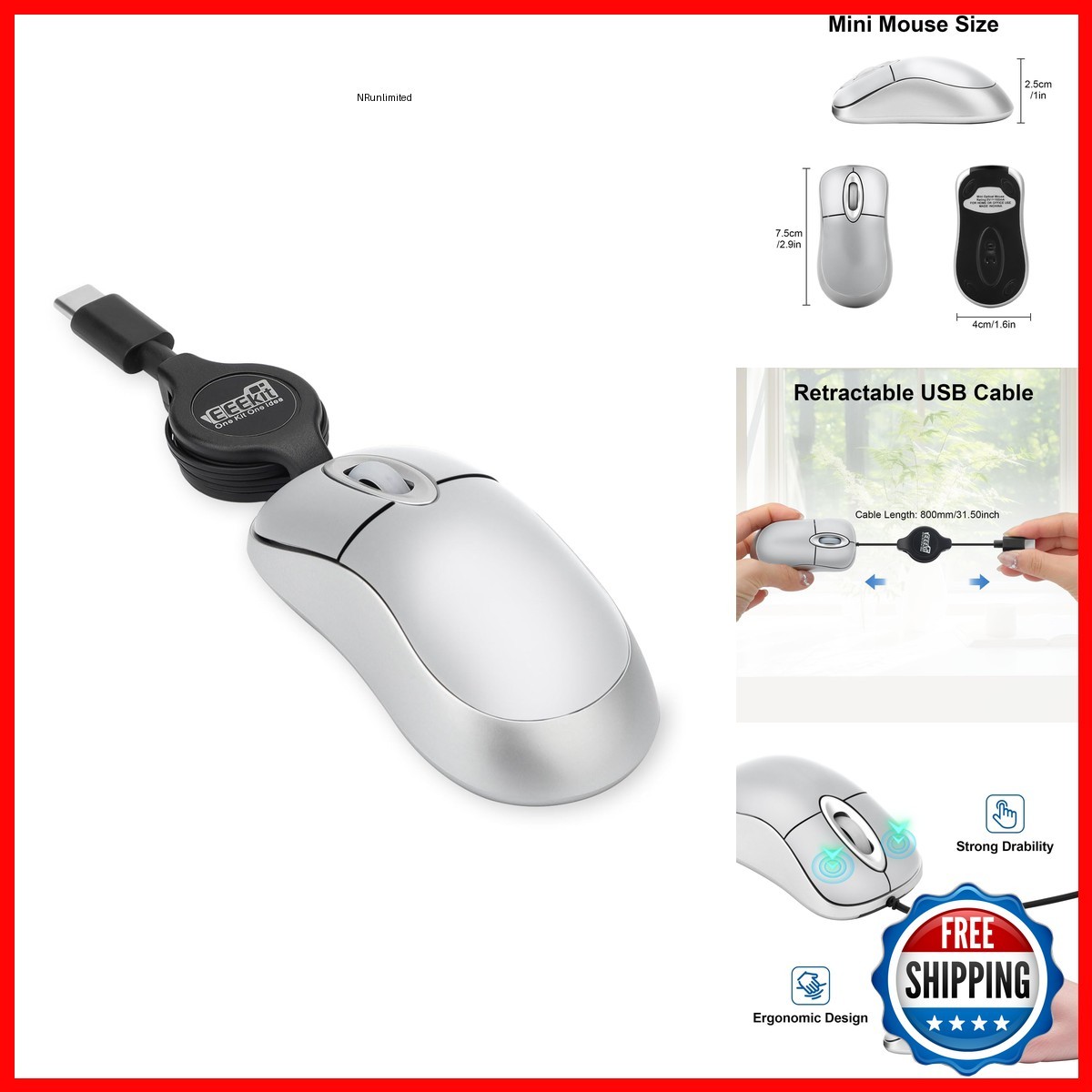 EEEKit Mini Wired USB C Mouse, 3-Button Retractable Corded Mouse, Silver