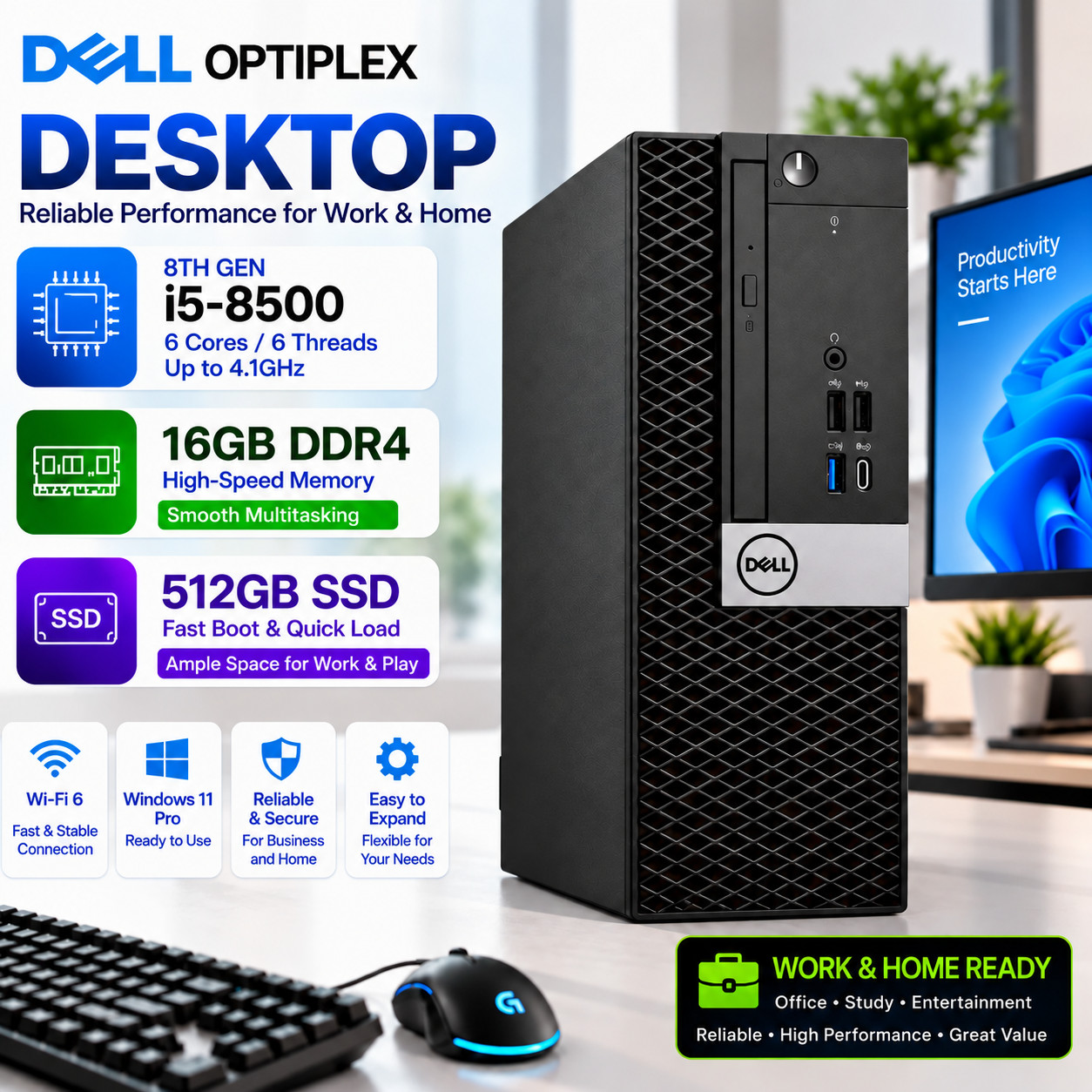 Dell OptiPlex SFF Desktop PC Intel 8th 16GB RAM 512GB SSD Win 11 WIFI W/office