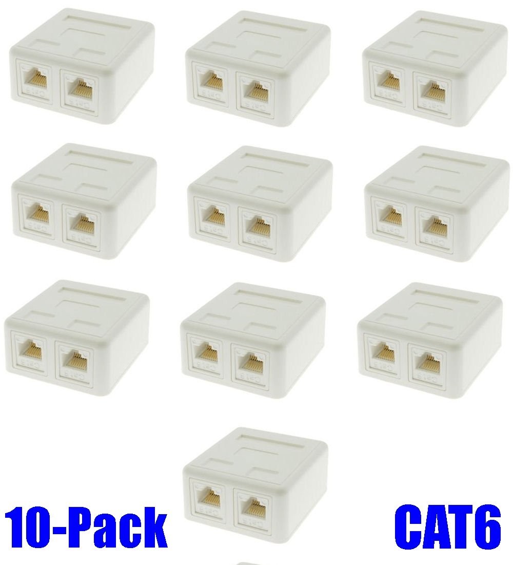 10 Pcs 2-Port CAT6 RJ45 Keystone Jack Network Cable Wall Surface Mount Box White