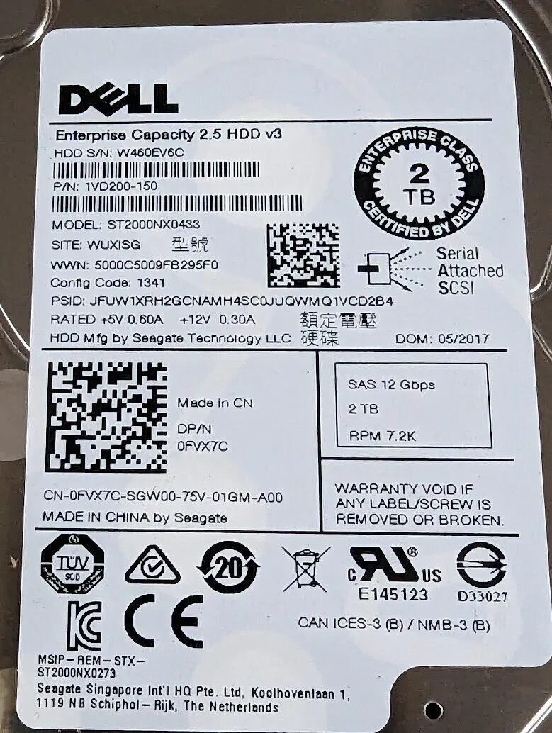 FVX7C 0FVX7C Dell ENTERPRISE 2TB 7.2K RPM 12Gb/s 2.5" SAS HDD Hard Drive