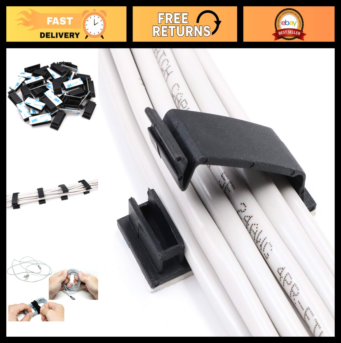 50 Pack Cable Clips with 3M Adhesive, Wire Management Clamps & 10 Reusable Ties