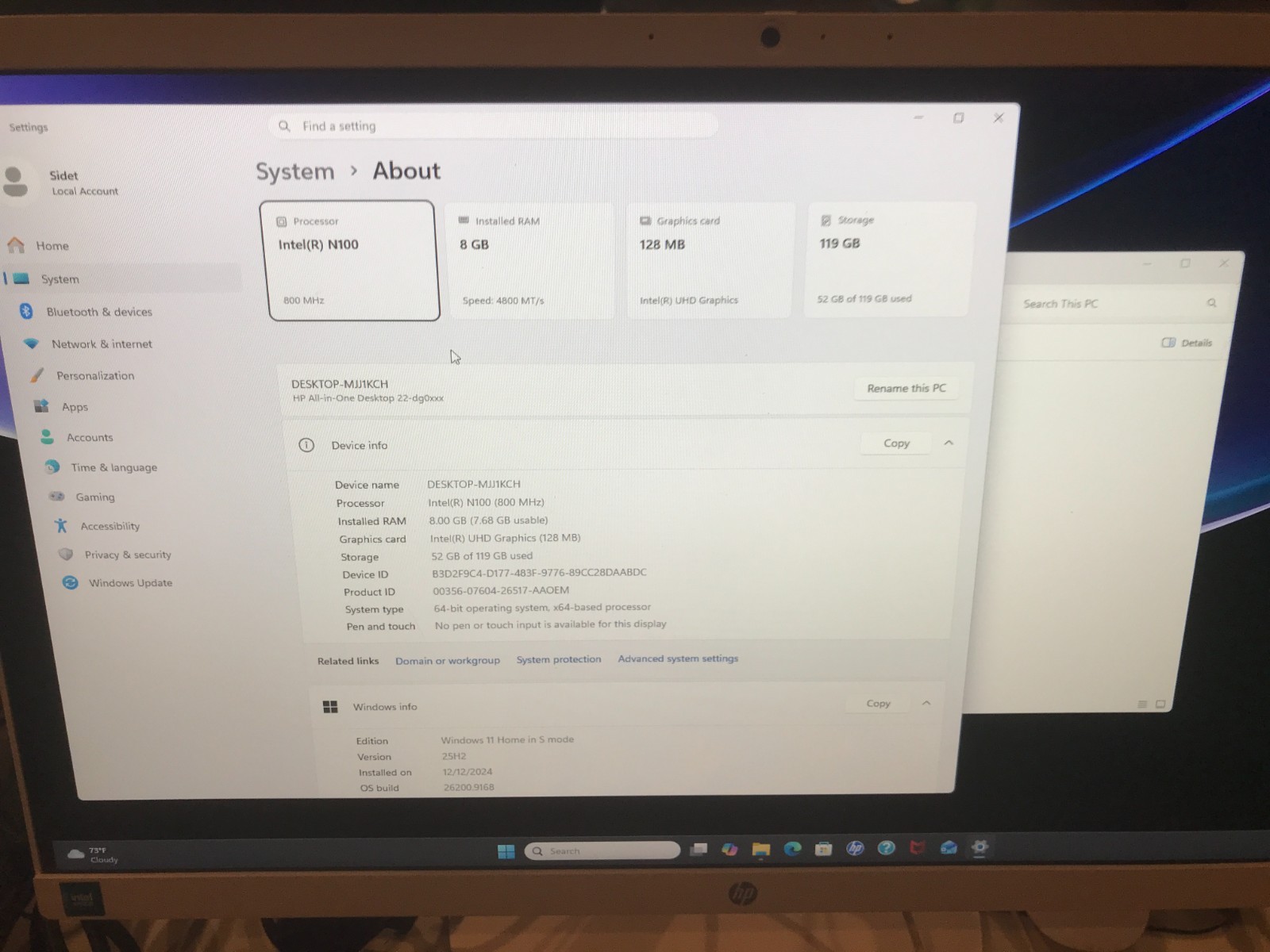 HP All-In-One 22-dg0034 N100 100MHz 8GB RAM 128GB USED Read* #03