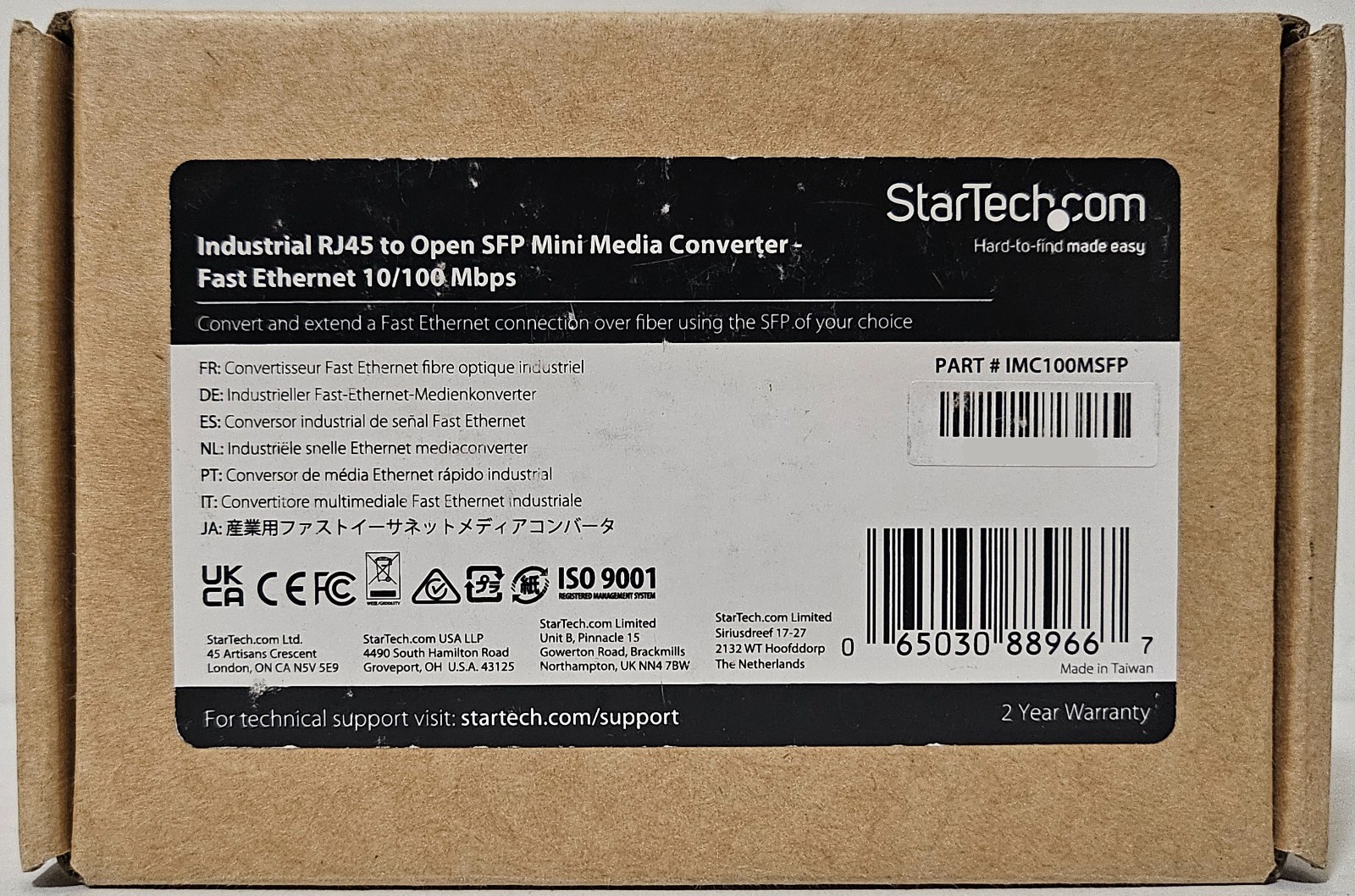 StarTech Industrial Fiber to Ethernet Media Converter IMC100MSFP - New
