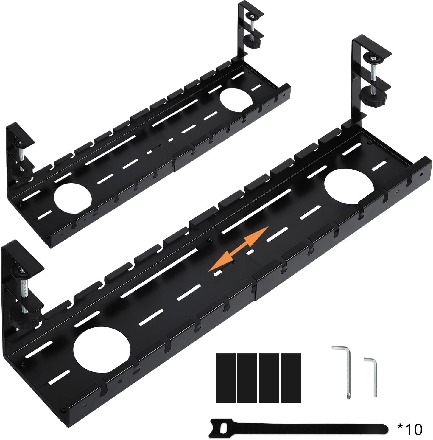 2PCS Extendable Cord Organizer, No Drill Under Desk Cable Management Tray Metal