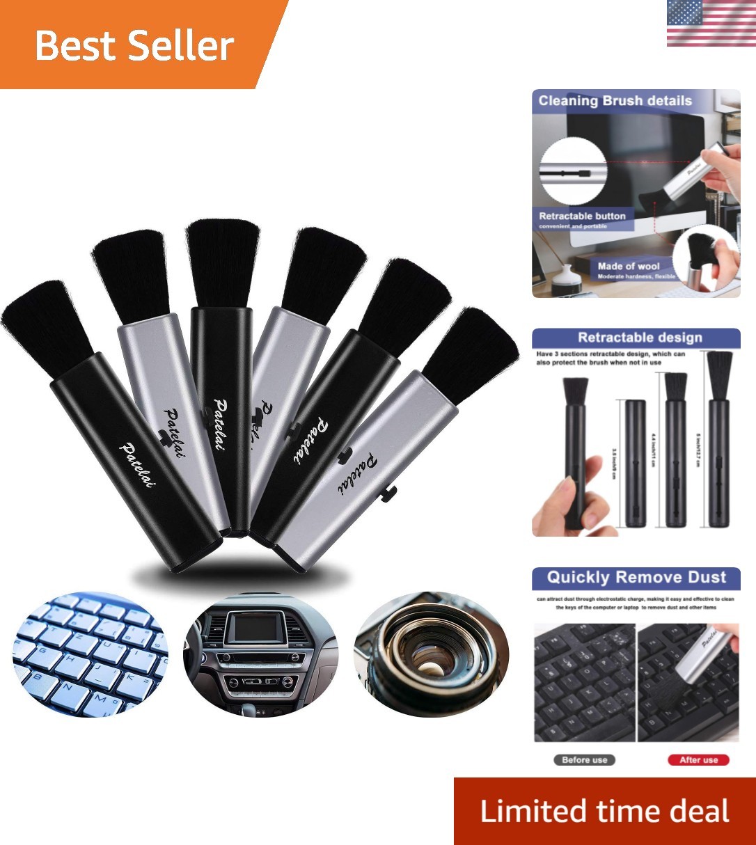 6 Pack Retractable Keyboard Cleaning Brushes, Anti-Static Soft Bristle Mini E...