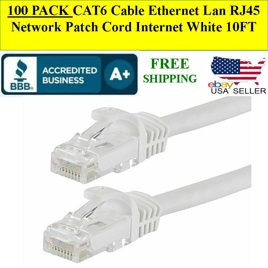 100 PACK CAT6 Cable Ethernet Lan RJ45 Network Patch Cord Internet WHITE 10FT