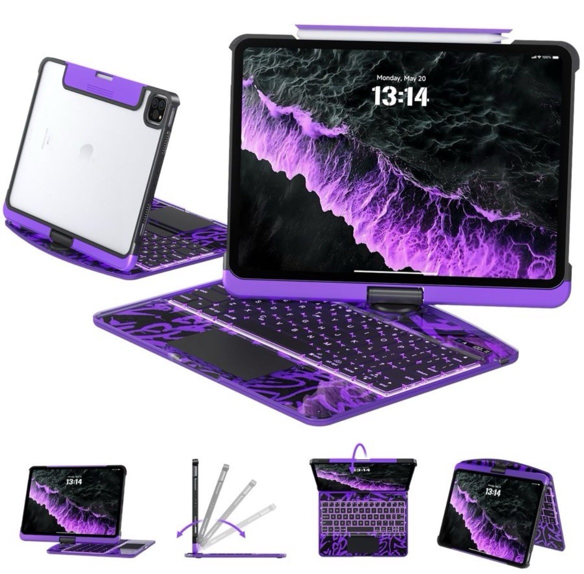 Tiaota Transparent Keyboard Case For iPad Air M3/M2 11in 10.9 Pro 360 PurpleV23