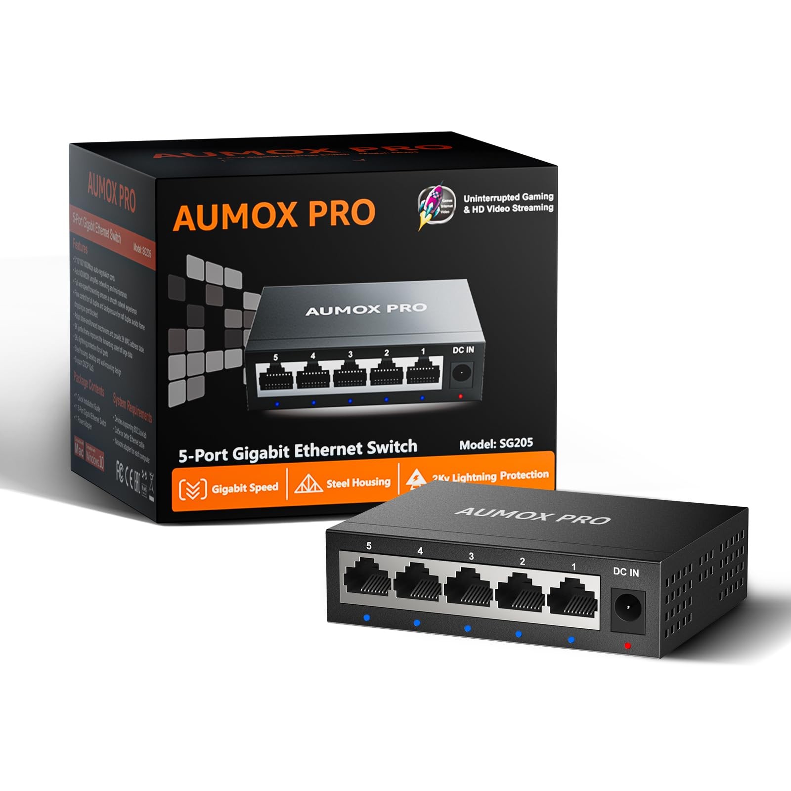 5 Port Gigabit Unmanaged Ethernet Switch, AUMOX PRO Home 5|5*1G Port, Black