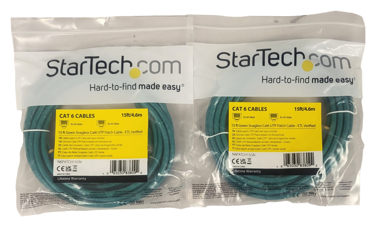 (2 PACK) Startech N6PATCH15GN Cat6 15' Green Snagless Ethernet Patch Cable