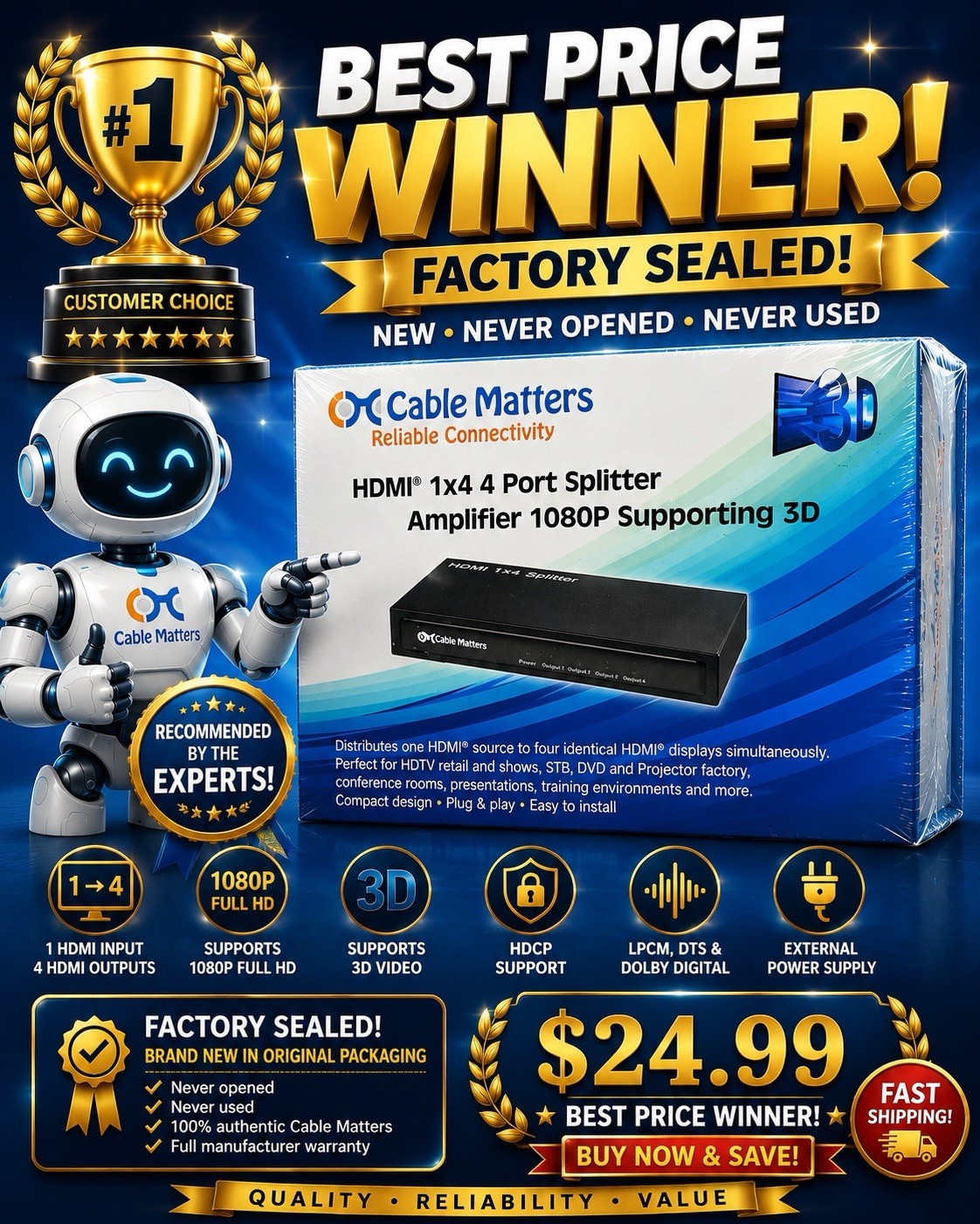 Cable Matters HDMI 1x4 4-Port Splitter Amplifier 1080p 3D – NEW FACTORY SEALED