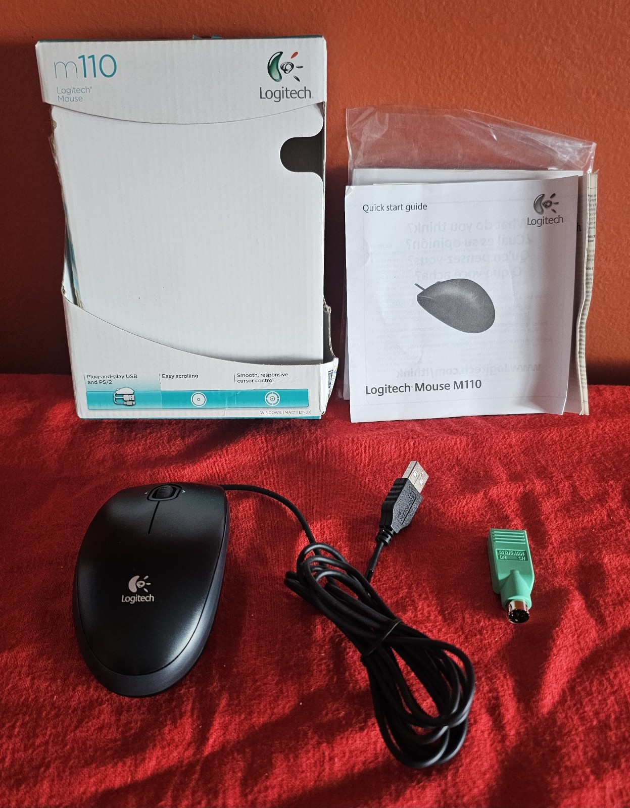 VTG Logitech M110 Wired USB Optical Mouse M-B0001 Black PS/2 Adapter Box Manual