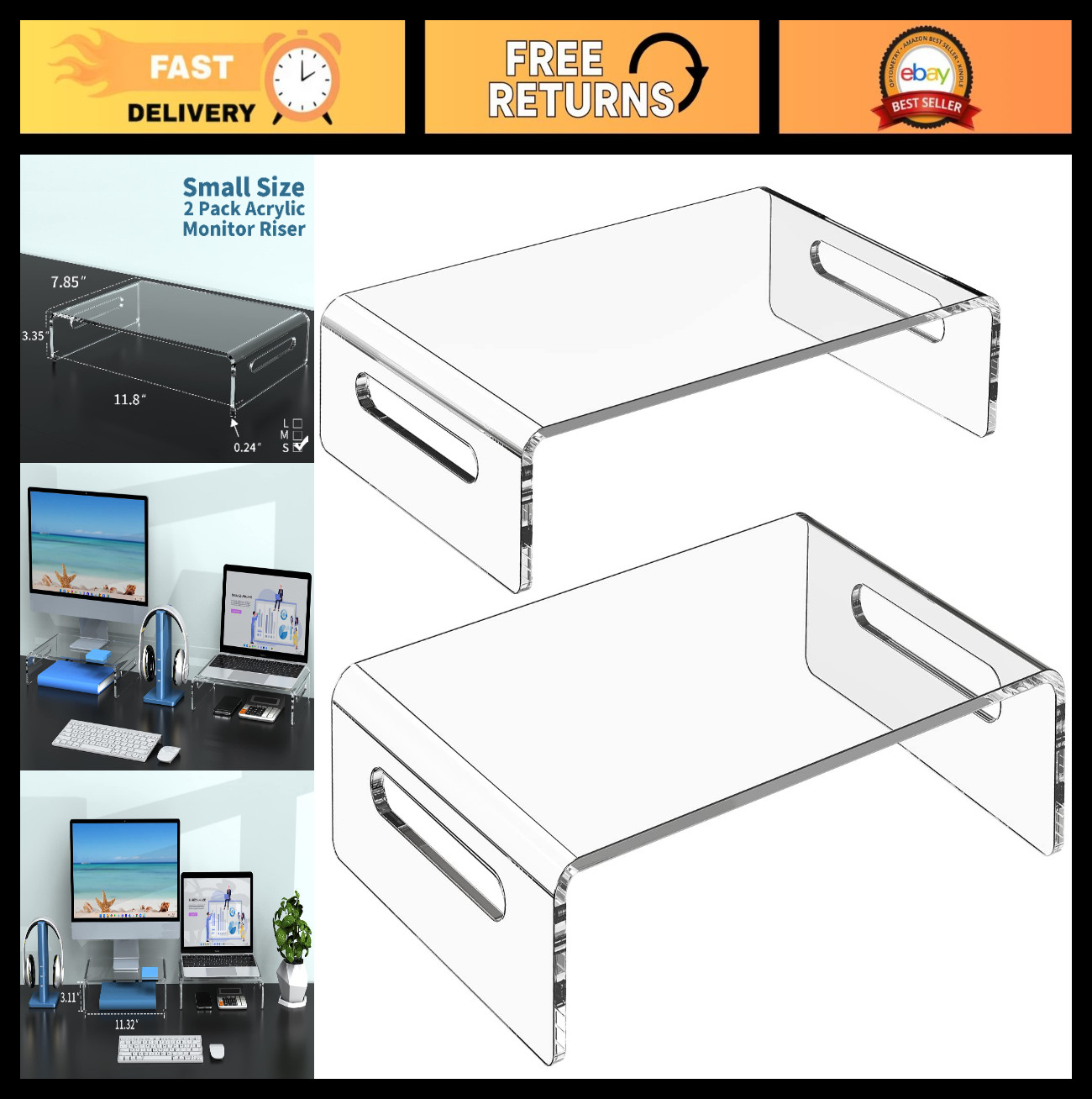 2 Pack Acrylic Monitor Stand Riser for Computer, Laptop & Printer | Clear Deskto