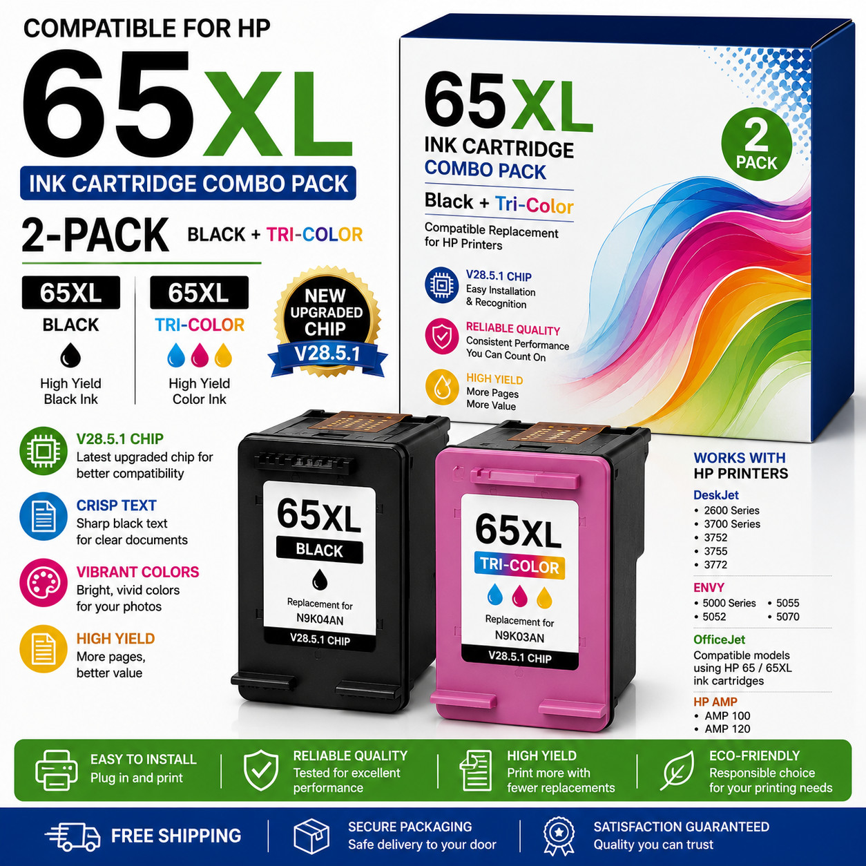 Compatible HP 65XL Ink Cartridge Combo Black Color for Envy DeskJet 2-Pack