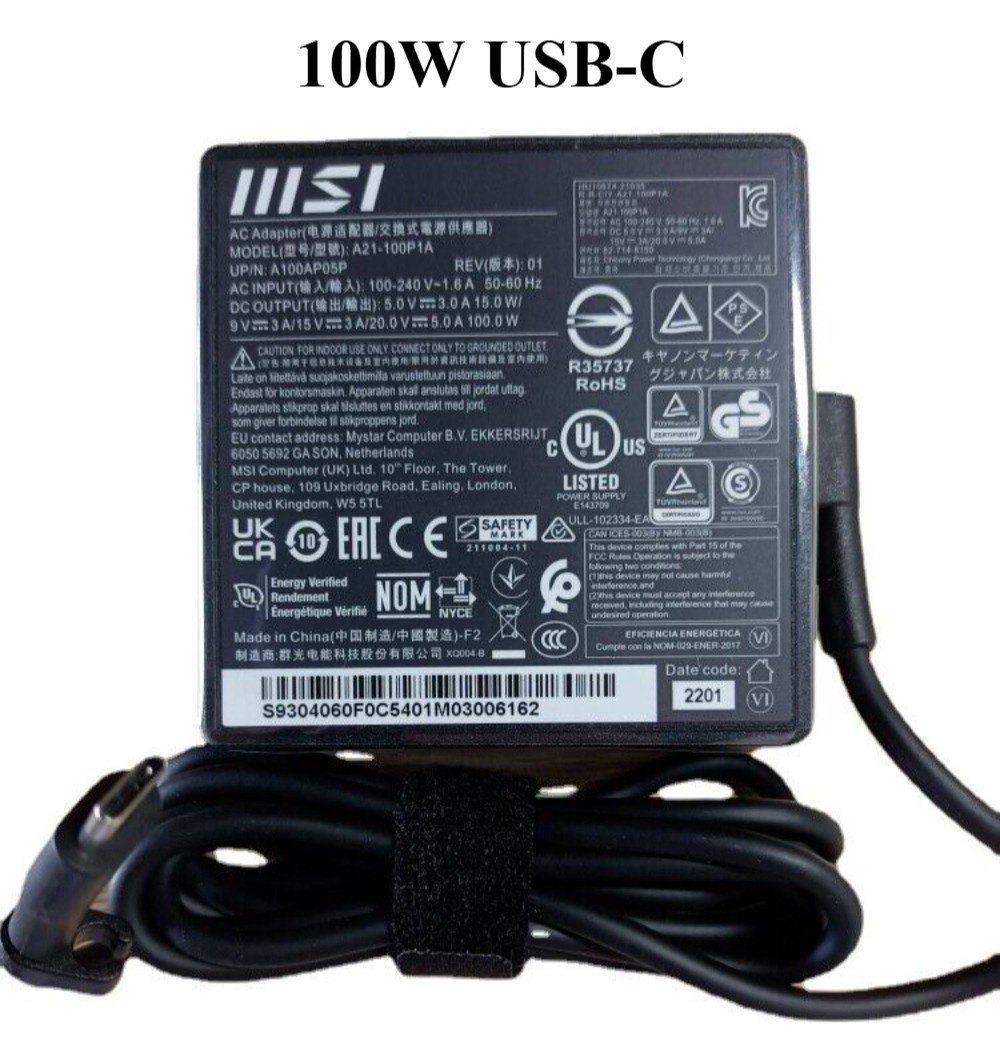 Genuine MSI 100W Charger for MSI Prestige 14 AI+ Evo C2VMG-032US AC Adapter