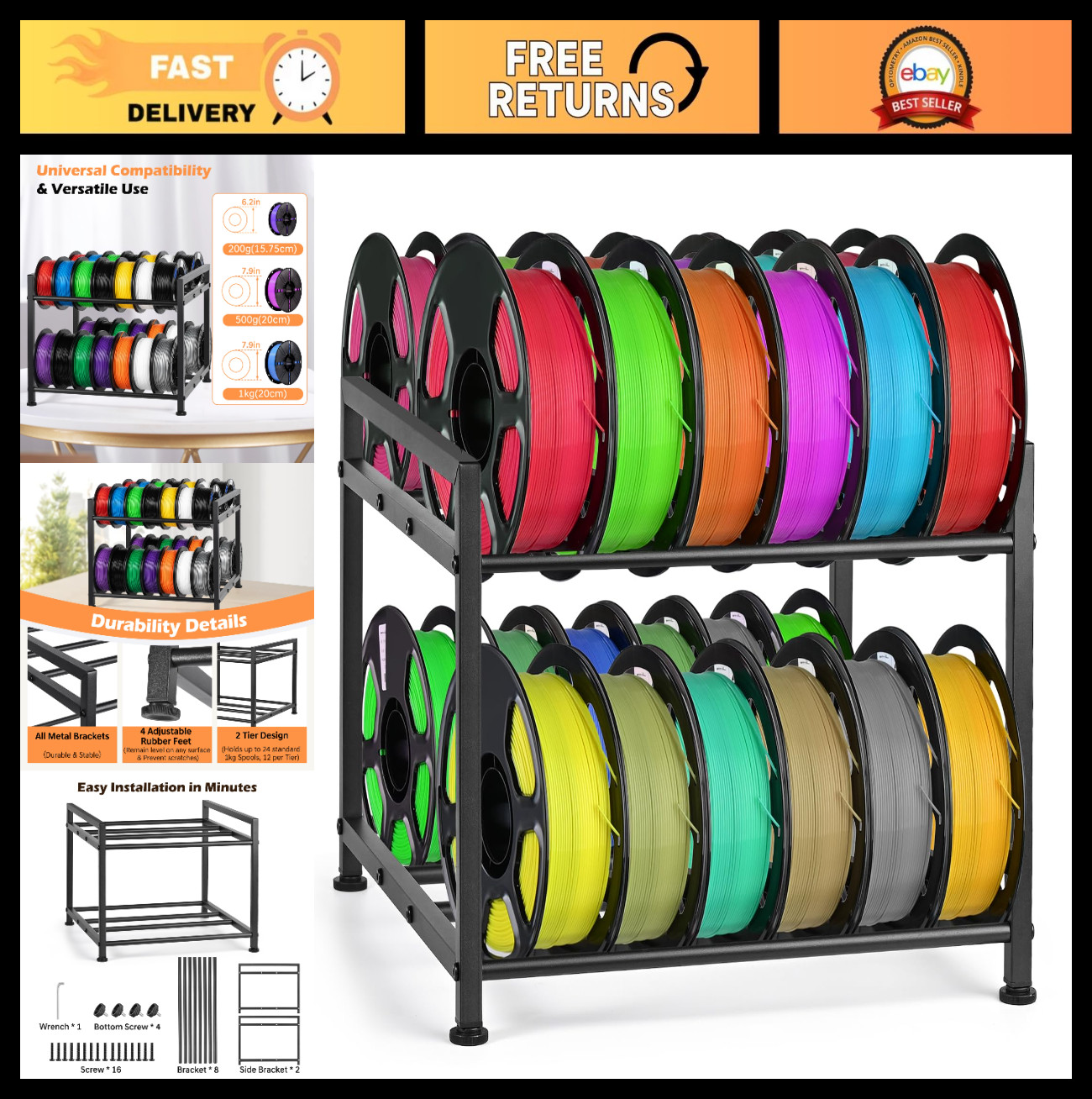 3D Printer Filament Storage Rack - 2-Tier Metal Spool Holder, Fits 20-24 Spools,