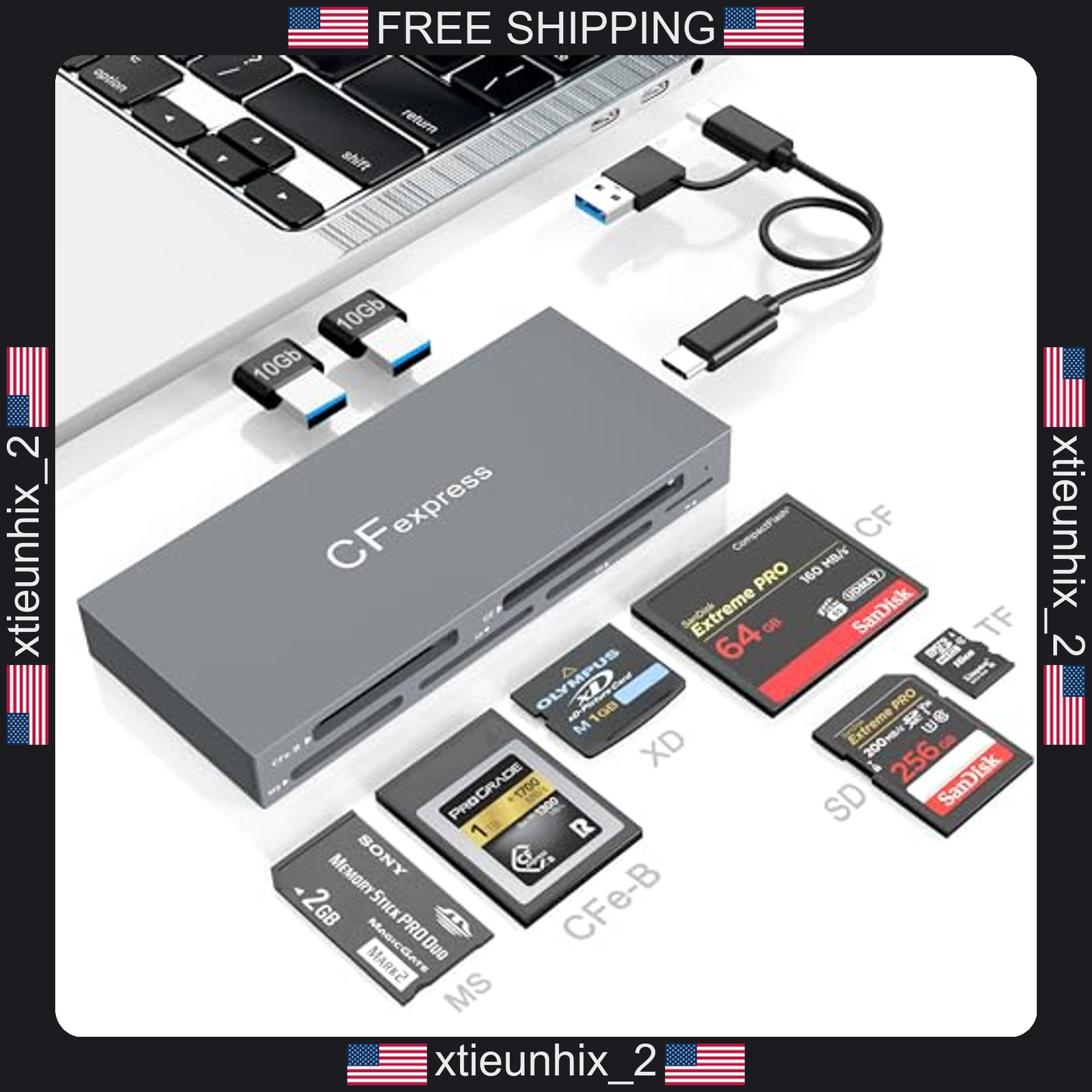 CFexpress Type B Card Reader Hub with 2 USB 10Gbps Ports for Photography
