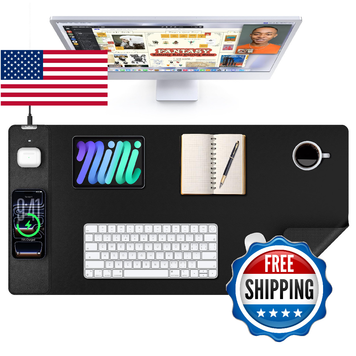 TopMade Mouse Pad with 15W Wireless Charging, XXL Large Leather Desk Mat, Waterp