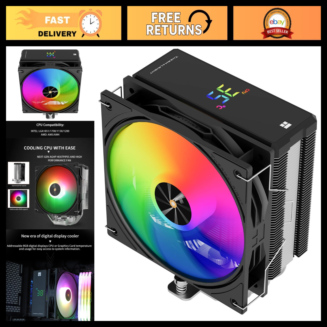 High-Performance CPU Cooler with Digital ARGB, Quiet PWM Fan, AM4/AM5 & Intel Su