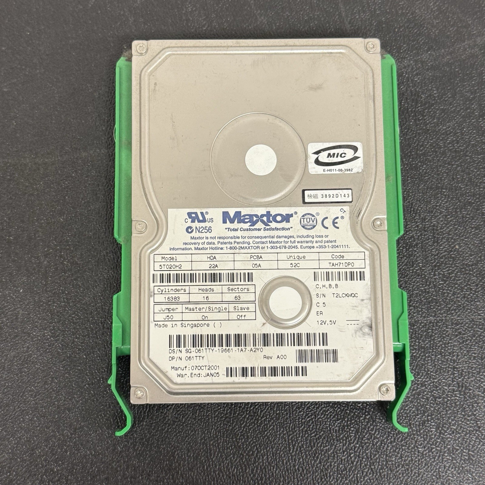 Maxtor 5t020h2 20G 7200RPM Ultra ATA/100 IDE 3.5" Hard Drive - Tested