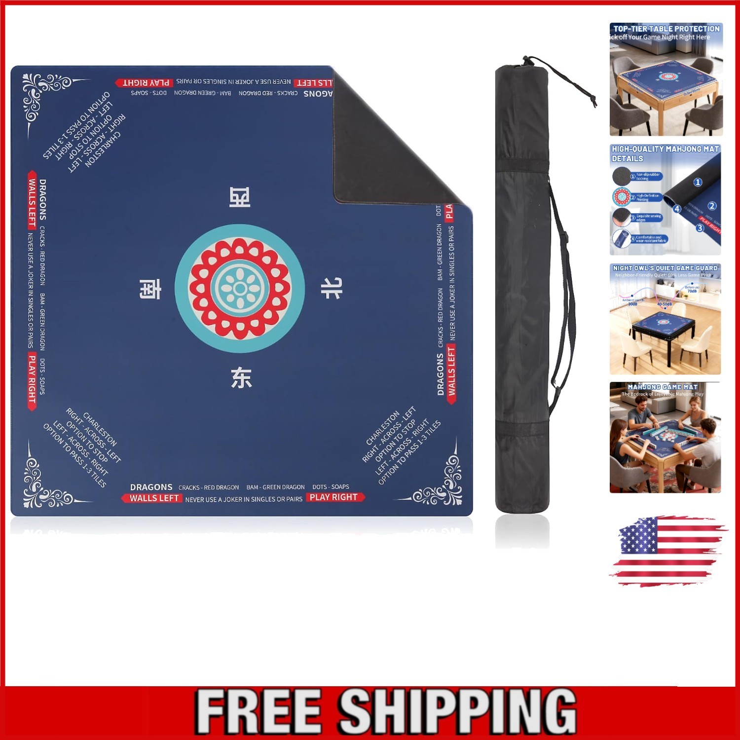 Classic Chinese Style Mahjong Mat 31.5'' Non-Slip Noise Reduction for Game Night