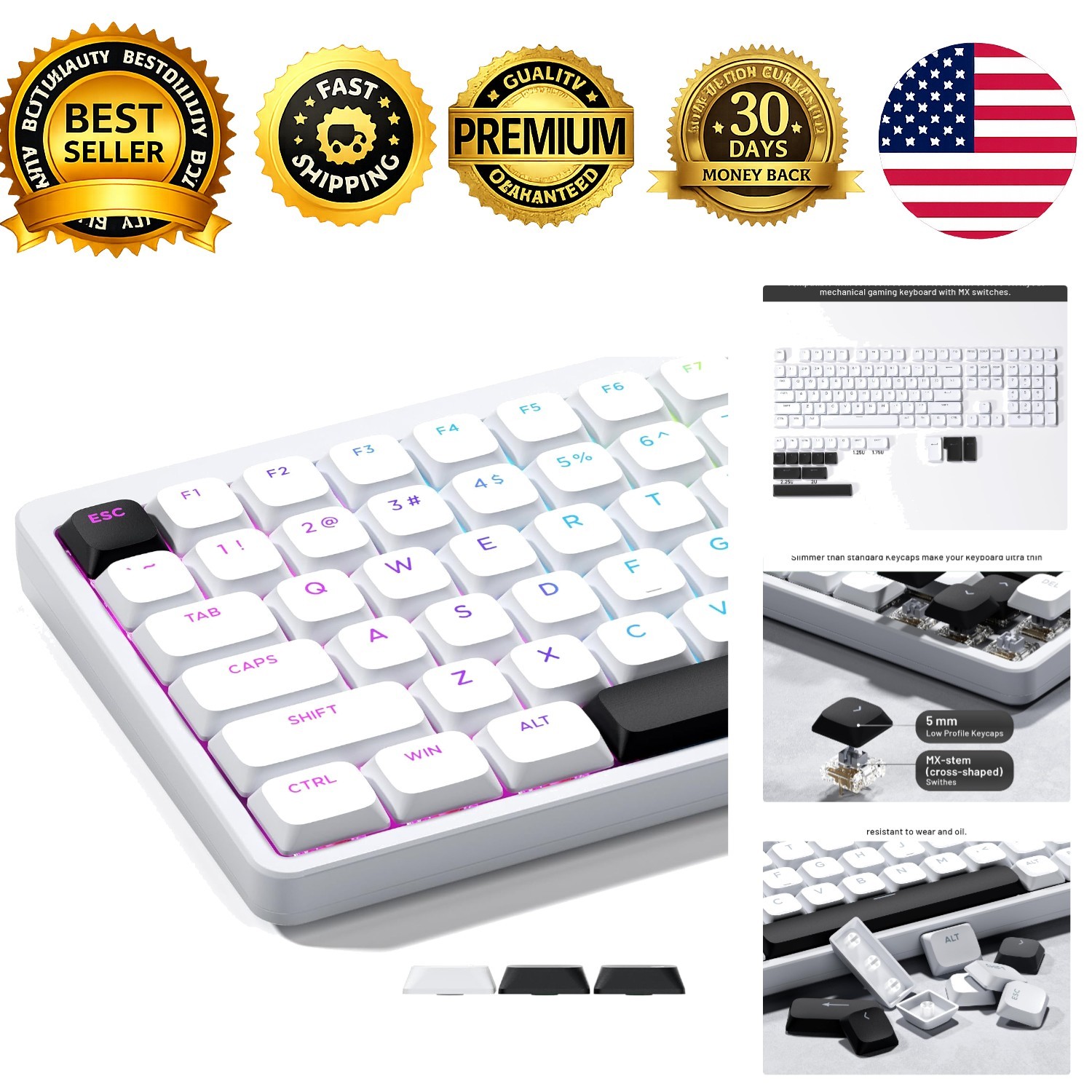 XVX Low Profile White Shine Through Keycaps Double Shot PBT for MX Switches