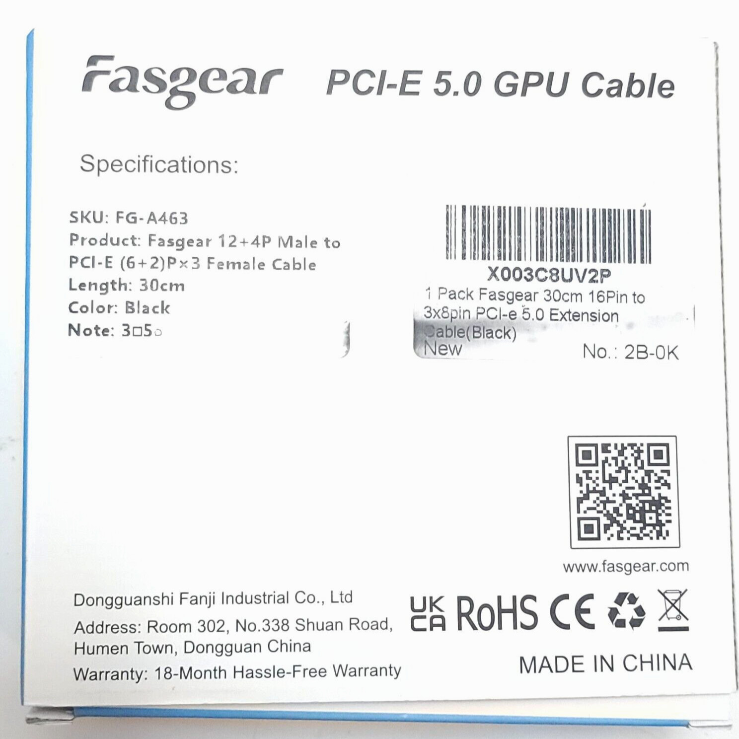 Fasgear PCI-e 5.0 GPU Cable FG-A463 12+4P Male to PCI-E (6+2)Px3 Female Black