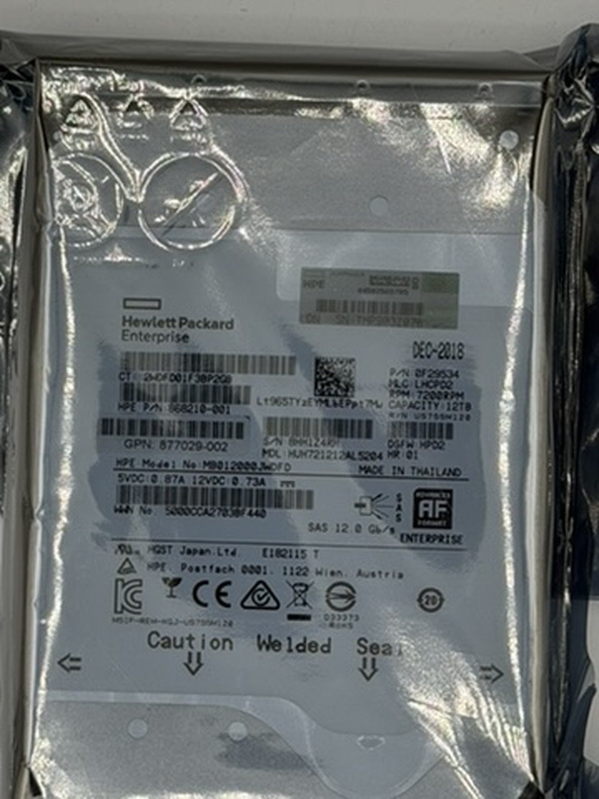 HPE 12TB 7.2K SAS 12Gb/s 3.5" LFF 512e HDD MB012000JWDFD 868210-001 877029-002