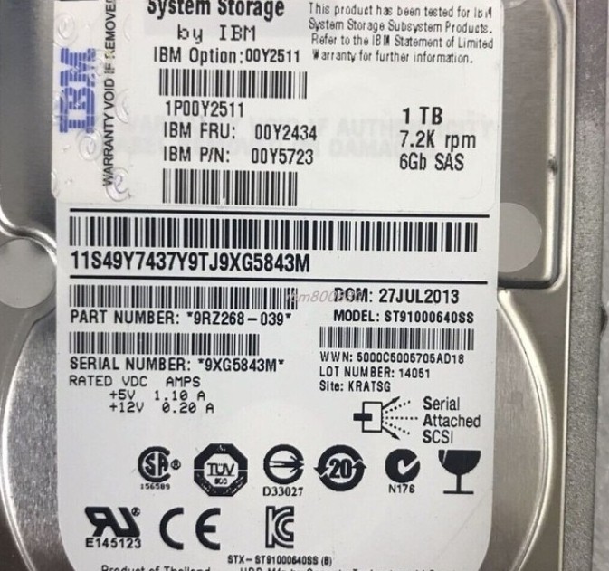 00Y2434 00Y2511 00Y5723 IBM 7.2K 1TB RPM 6Gbps SAS NL 2.5" HDD Hard Disk Drive