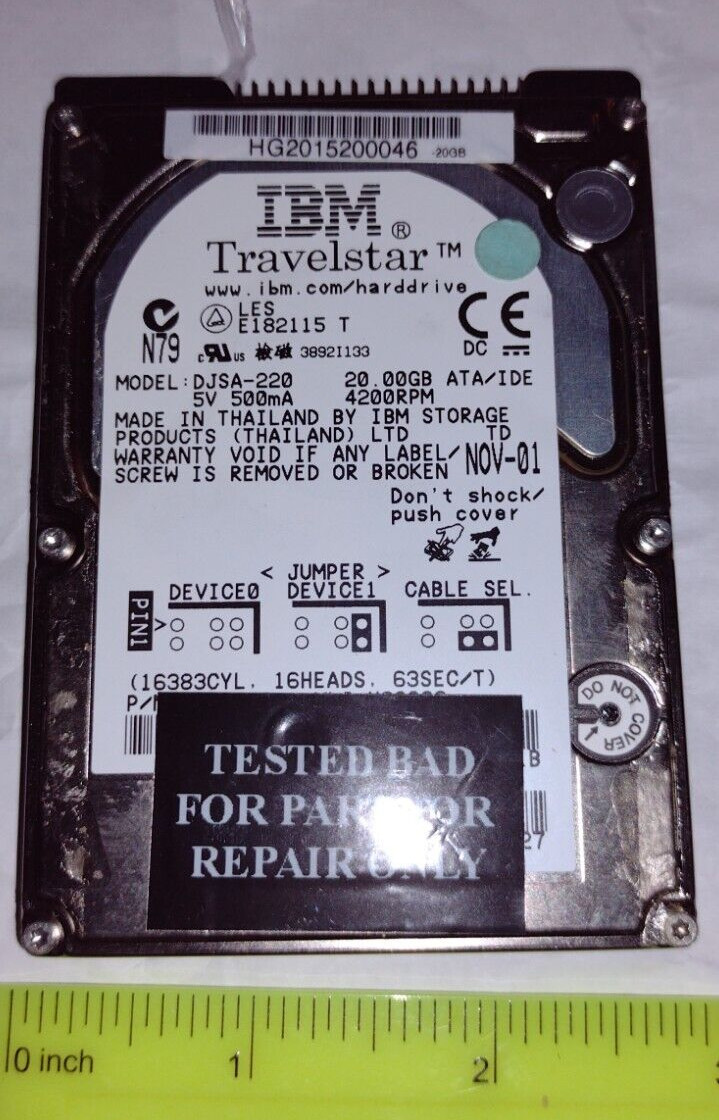 IBM TRAVELSTAR DJSA-220 HARD DISK DRIVE 20 GB P/N: HG2015200046 *PARTS ONLY*