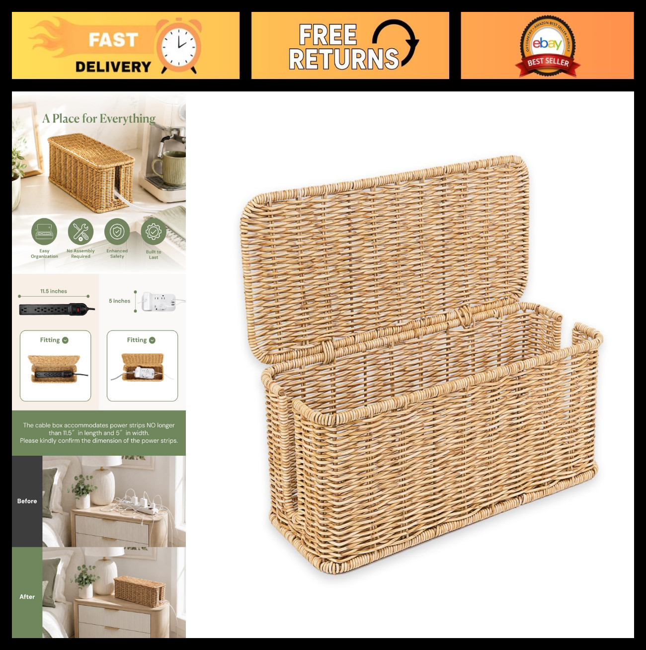 Handmade Rattan Cable Management Box, Cord Organizer with 2 Open Slots, 13"x5.1"
