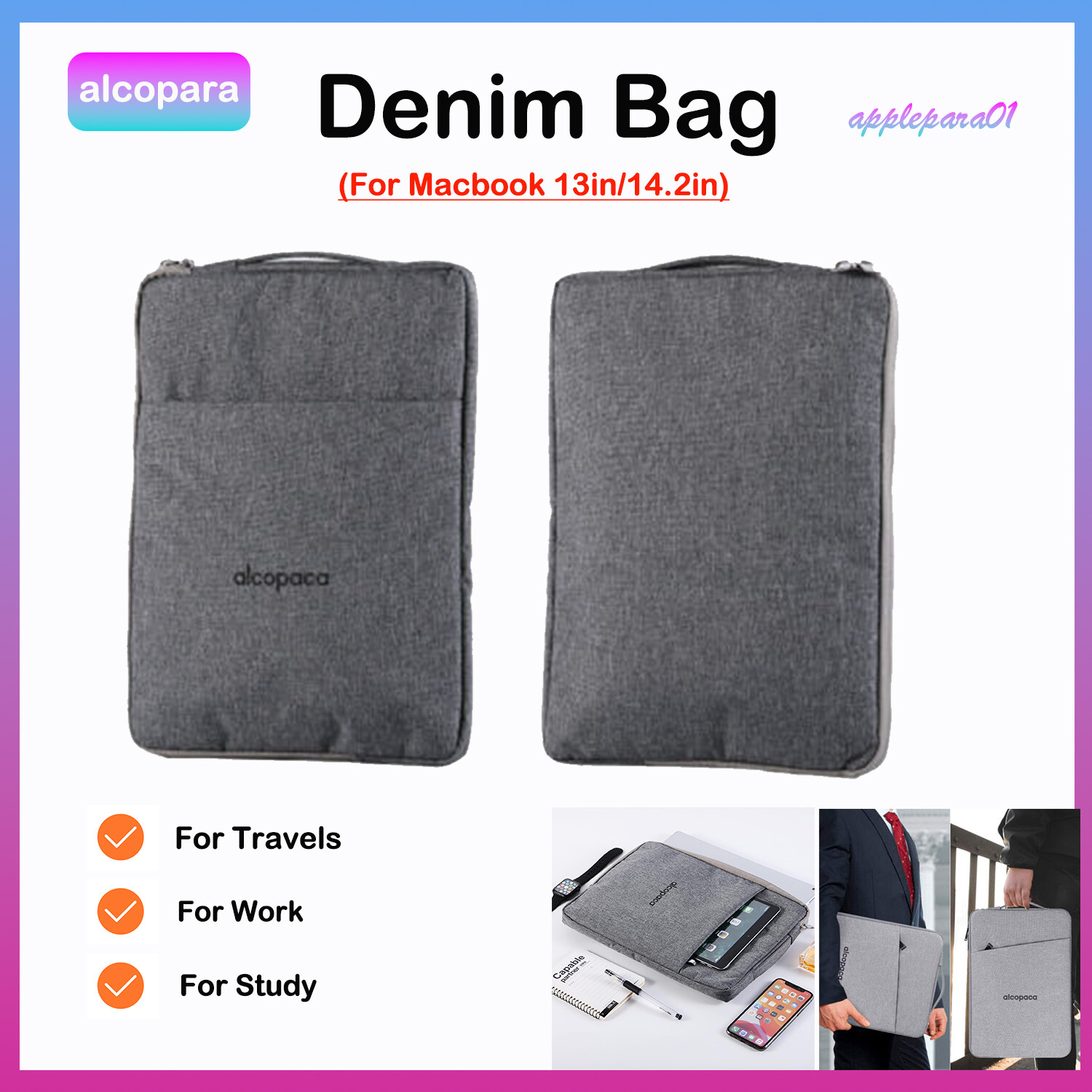 alcopara Waterproof lightweight Denim Bag for MacBook 13"/14.2" Grey For office