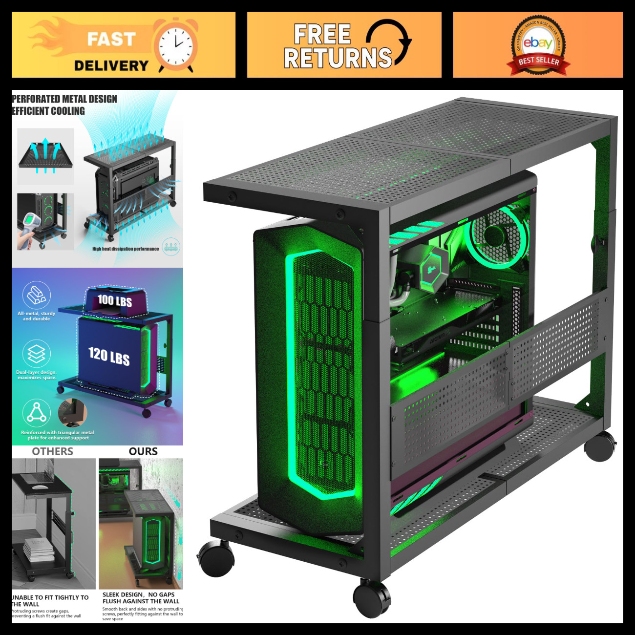 2-Tier Computer Tower Stand & Printer Rack - Space-Saving Organizer Shelf