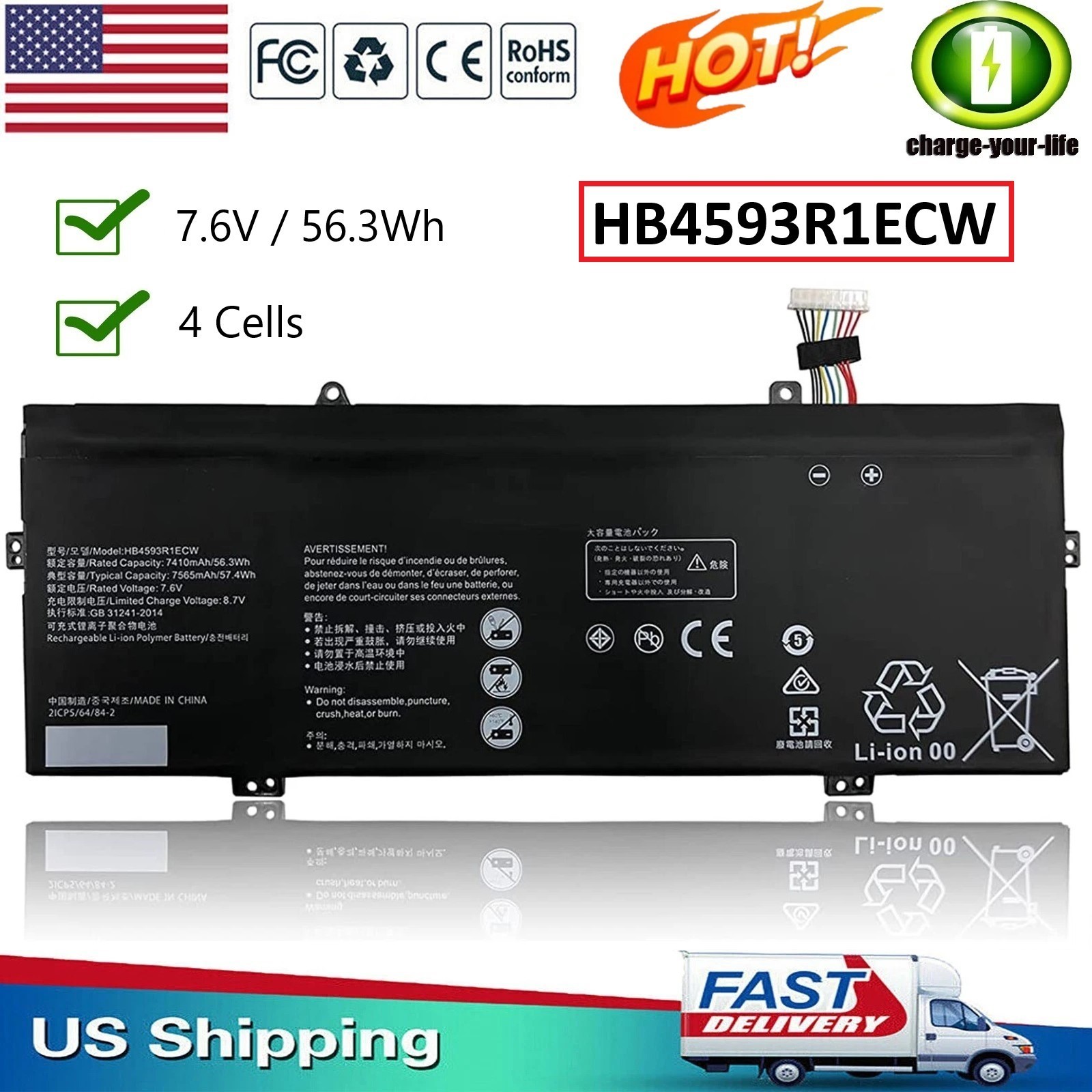 New HB4593R1ECW 7.6V 56.3Wh Battery for Matebook 14" KPL-W00  X PRO MACH-W29C US