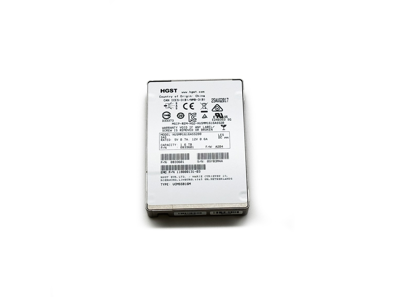 HGST Ultrastar 1.6TB 12Gbps SAS 2.5" Enterprise SSD HUSMM1616ASS200 0B33601