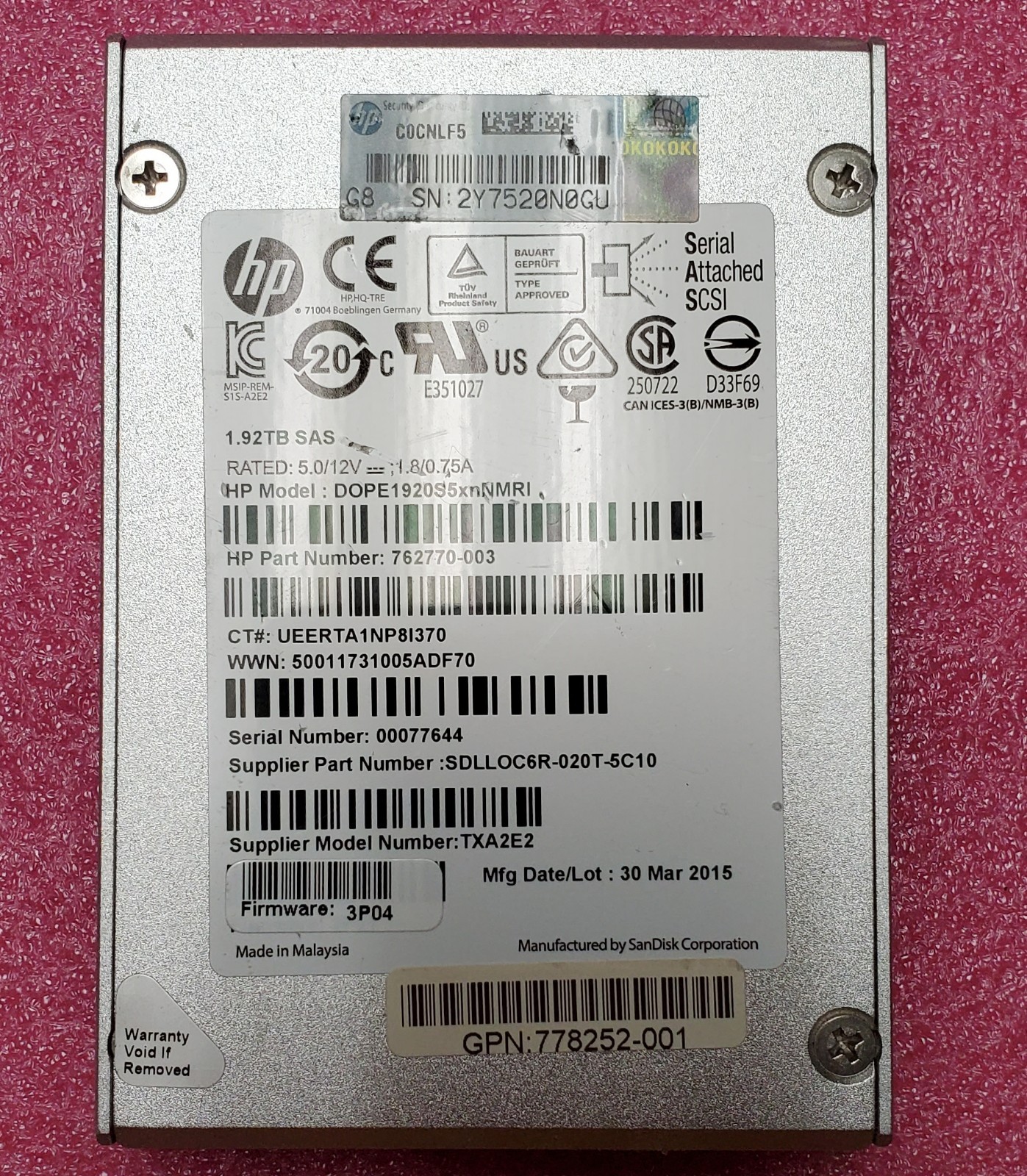 HP HPE 1.92TB 2.5" SAS SSD 762770-003 for Server/Workstation