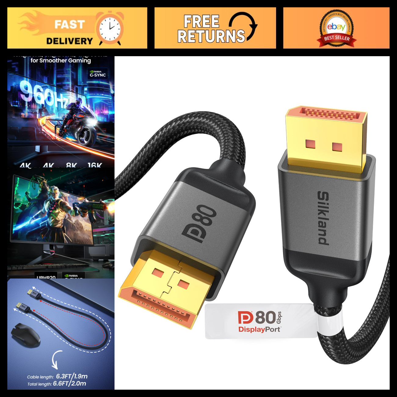 High-Speed 80Gbps DisplayPort 2.1 Cable, VESA Certified, 6.6FT/2M, DP80 HDR