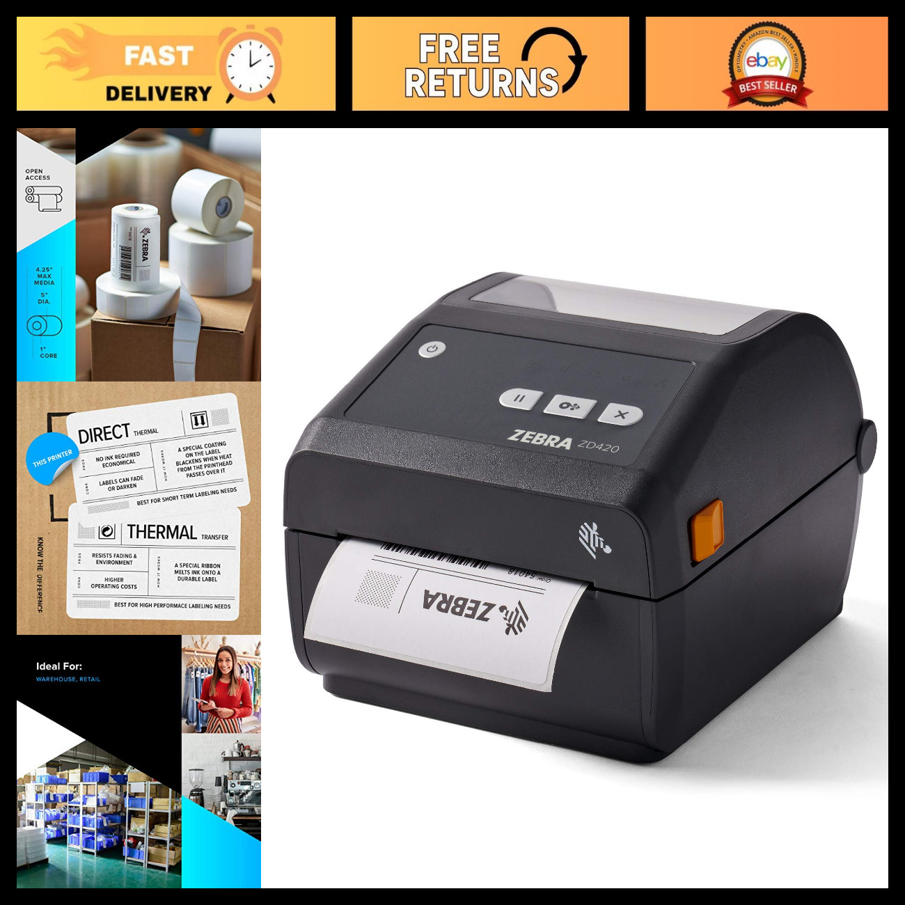 Direct Thermal Desktop Printer 203 DPI, 4" Print Width, WiFi, Bluetooth, USB - R