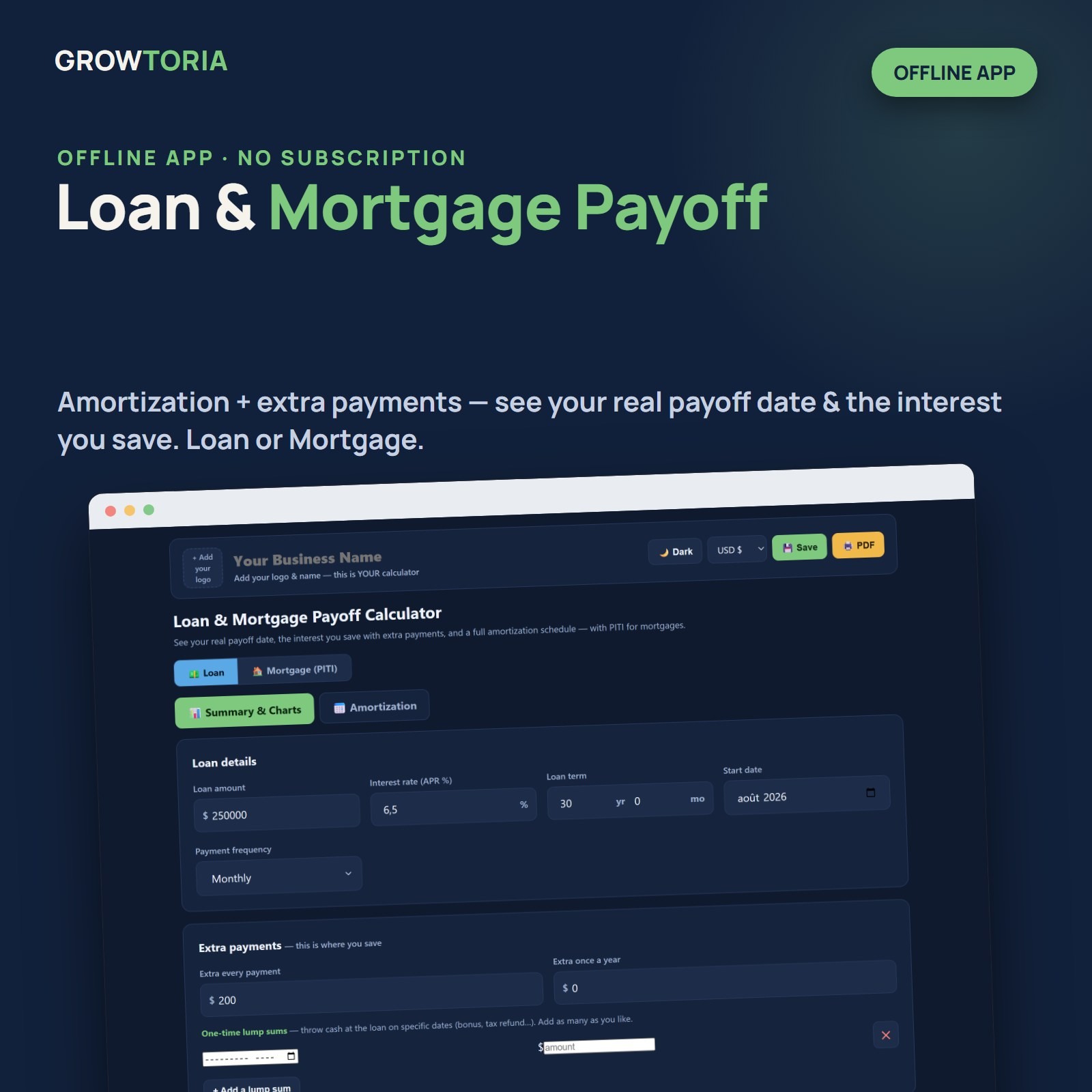 Loan & Mortgage Payoff Calculator App - Amortization, Extra Payment, PITI