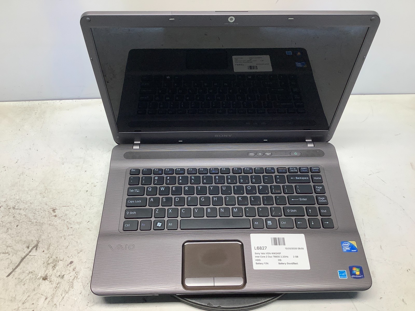 Sony Vaio VGN-NW240F Intel Core 2 Duo T6600 2.2GHz 2 GB NO HDD
