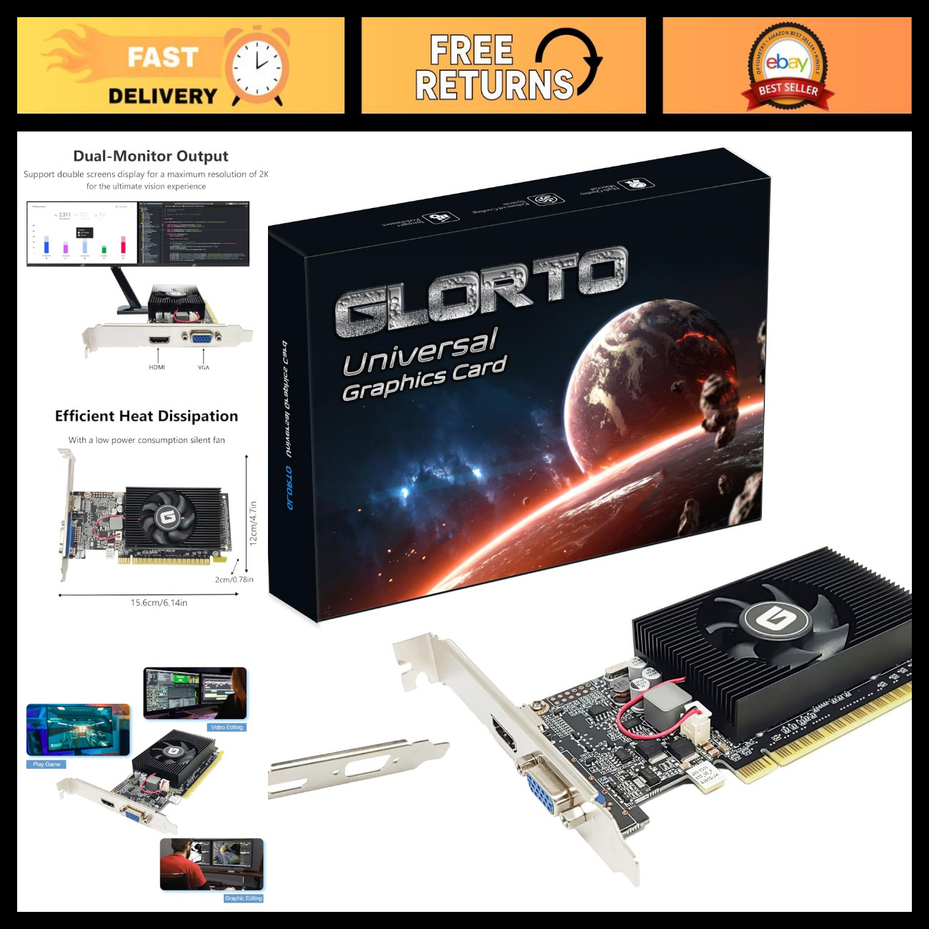 Low Profile 2GB DDR3 Graphics Card, PCIe x16, HDMI/VGA, Entry-Level GPU for PC,