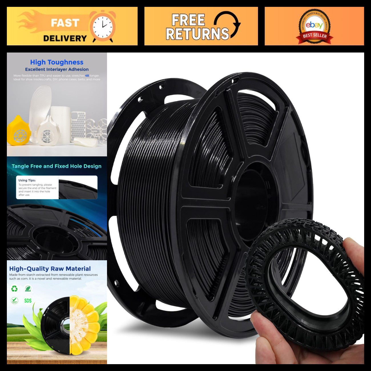 Flexible 3D Printer Filament 1.75mm, 1Kg Spool, 4X Stretch, Dimensional Accuracy