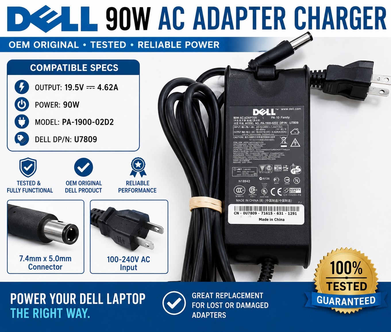 Genuine OEM Dell PA-10 Family 90W AC Power Adapter.Fully tested and working 