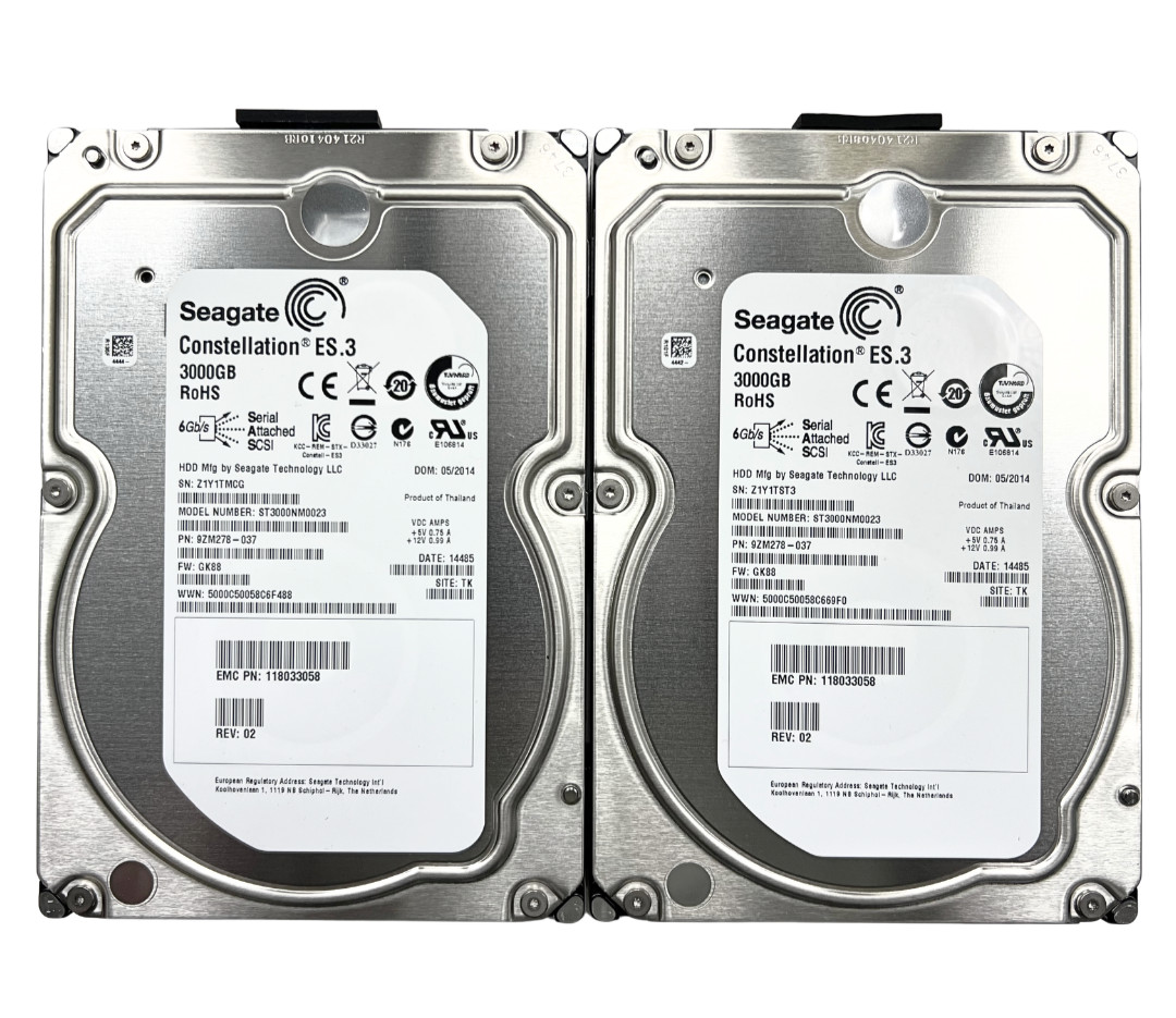 (LOT OF 2) ST3000NM0023 Seagate 9ZM278 3TB 7.2K RPM 3.5" SAS Server HDD 100%