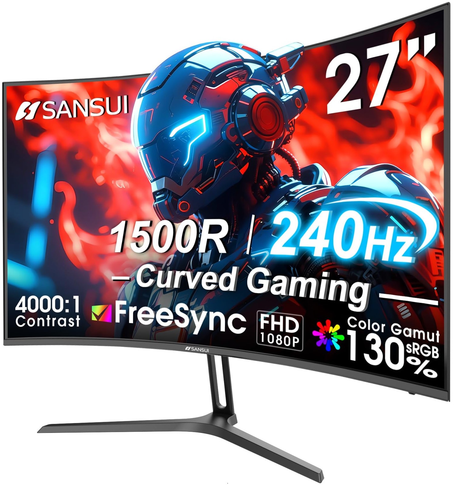 SANSUI 27 Inch Curved 240Hz Gaming Monitor FHD 1080P, 1500R Curve Computer Mo...