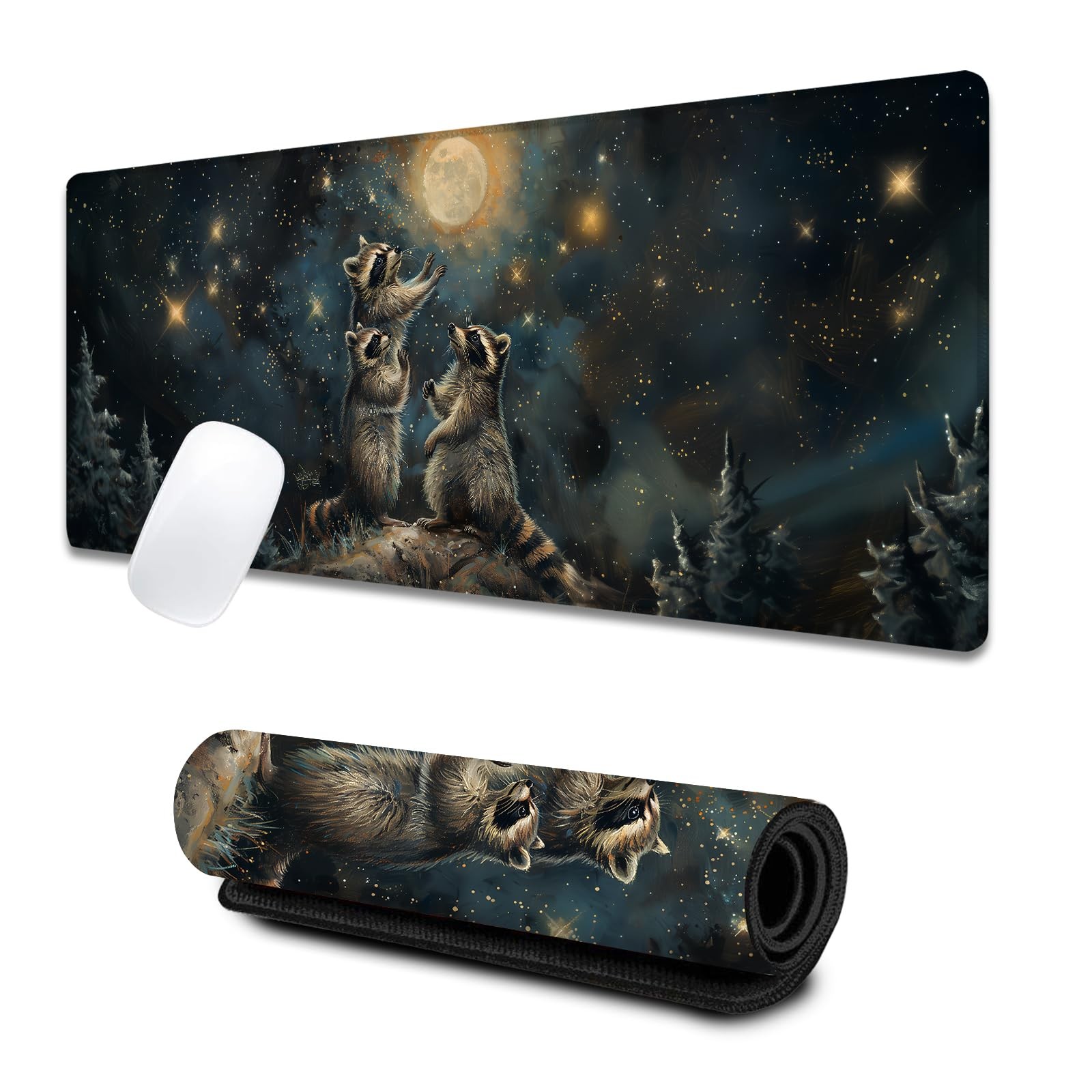 Raccoon Starry Night Large Gaming Mouse Pad Rubber Desk Mat 31.5x11.8x0.12 In
