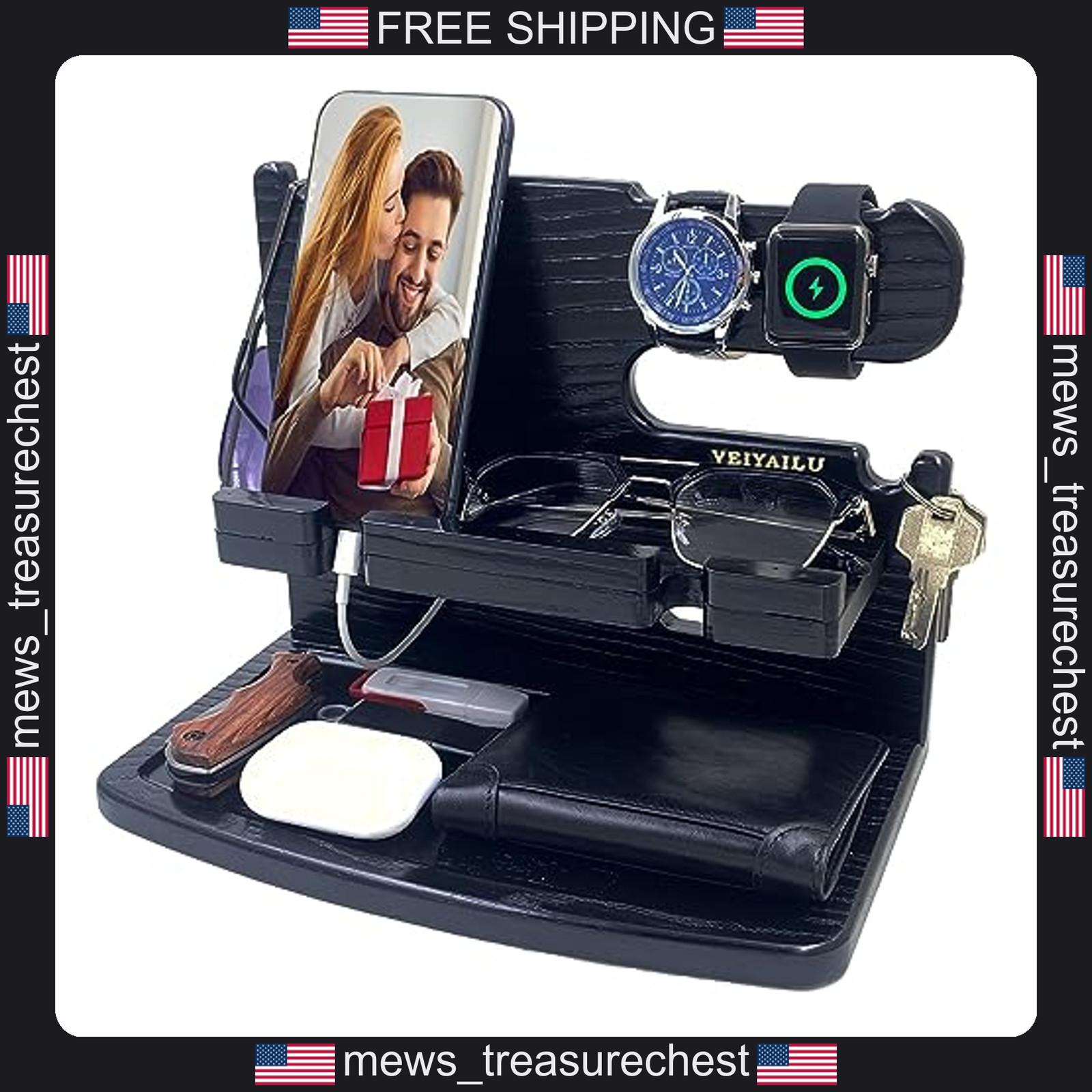 Wood Phone Docking Station for Men Multi-Function Nightstand Organizer