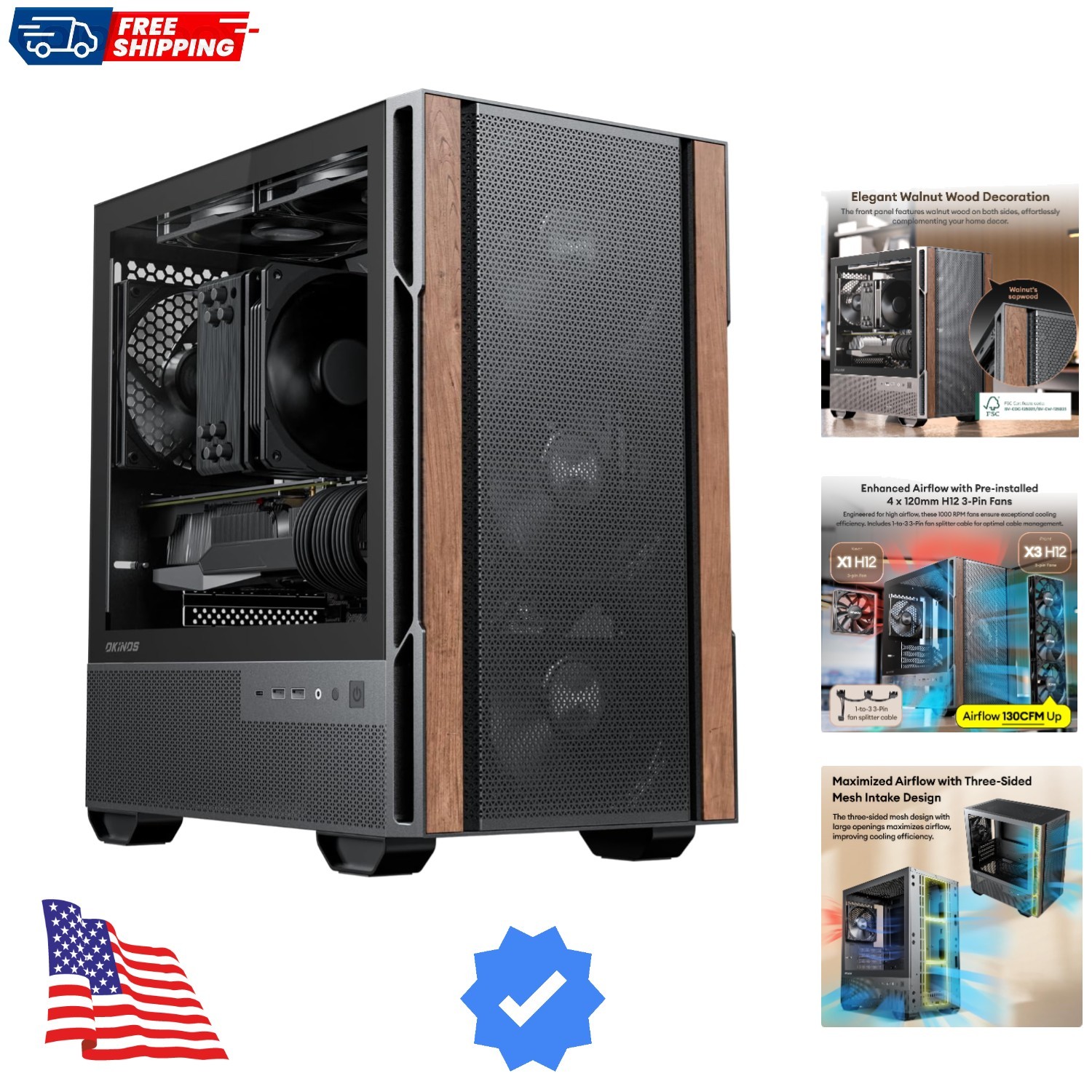 Genuine Walnut Wood Micro ATX Case, MATX PC Case with 4 × 120mm 3 Pin Non-PWM...