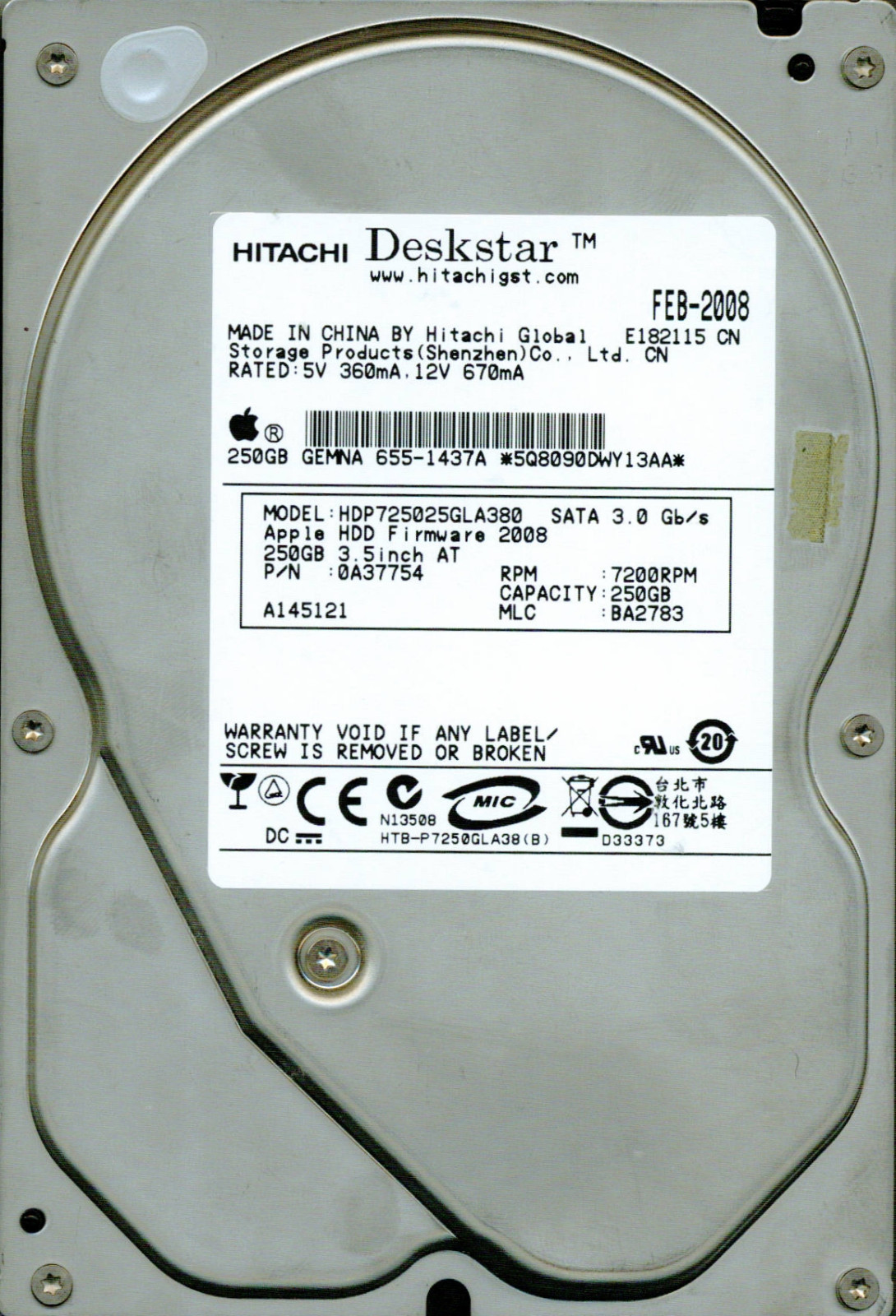 HDP725025GLA380 P/N: 0A37754 MLC: BA2783  HITACHI SATA 250GB 
